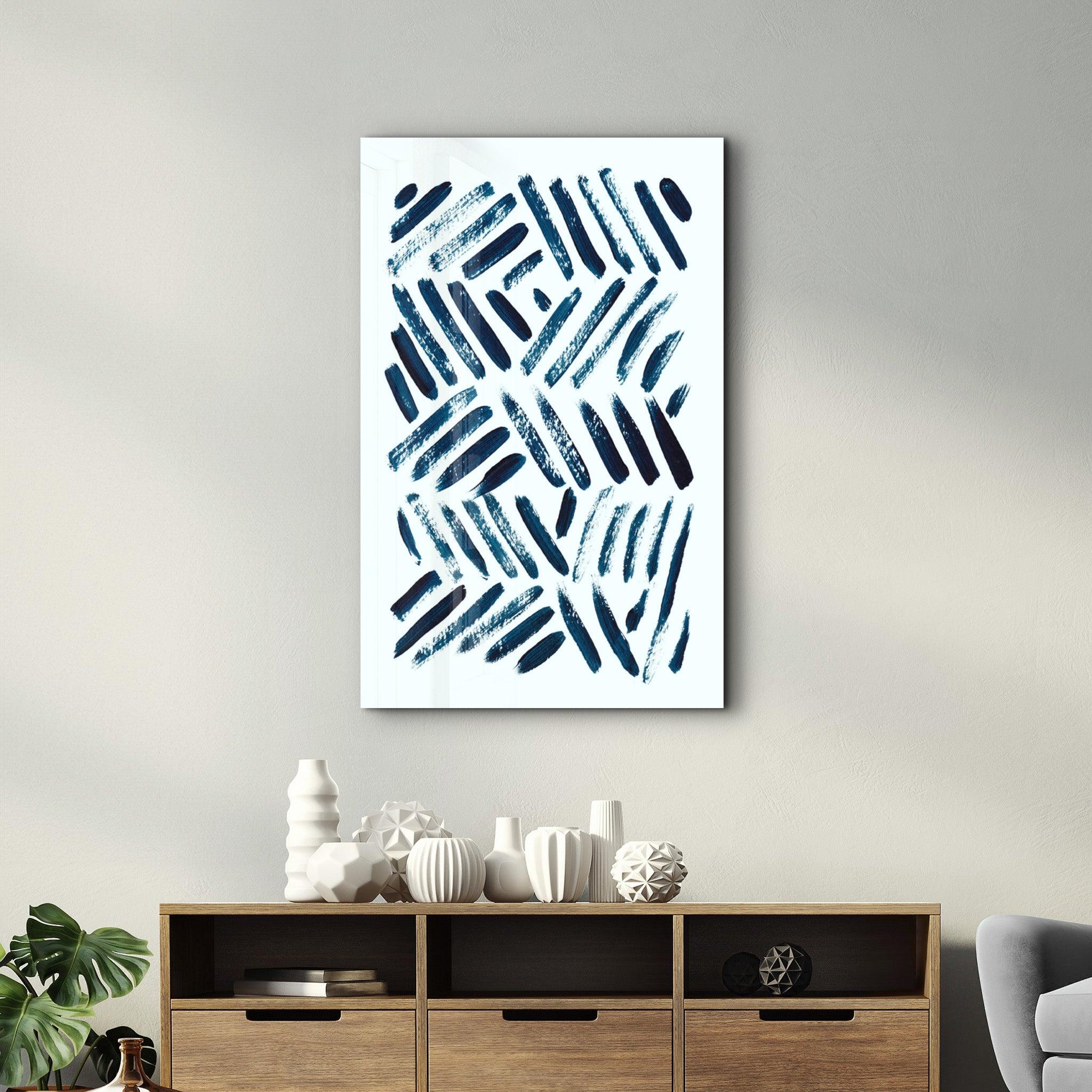 Blue Brush Marks | Glass Wall Art - Artdesigna