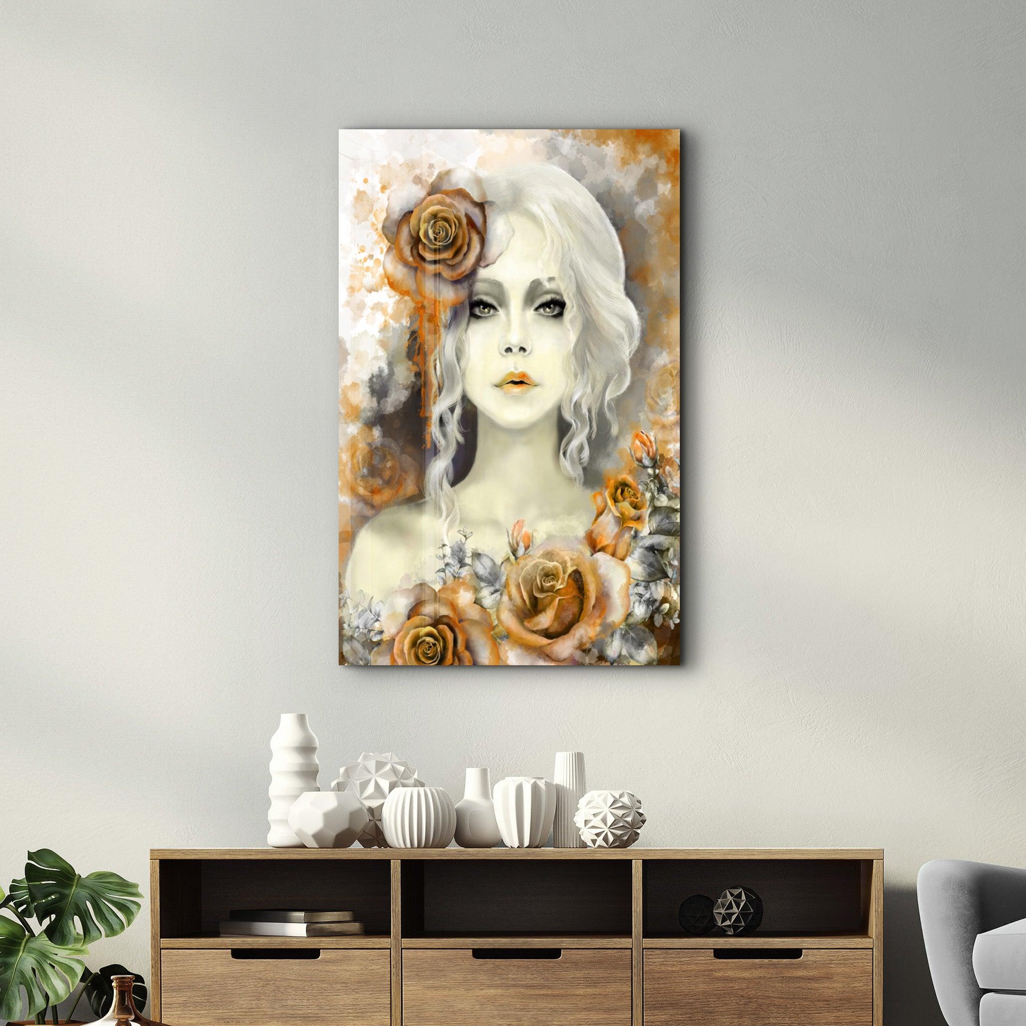 Silent Rose Woman Portrait | Glass Wall Art - Artdesigna