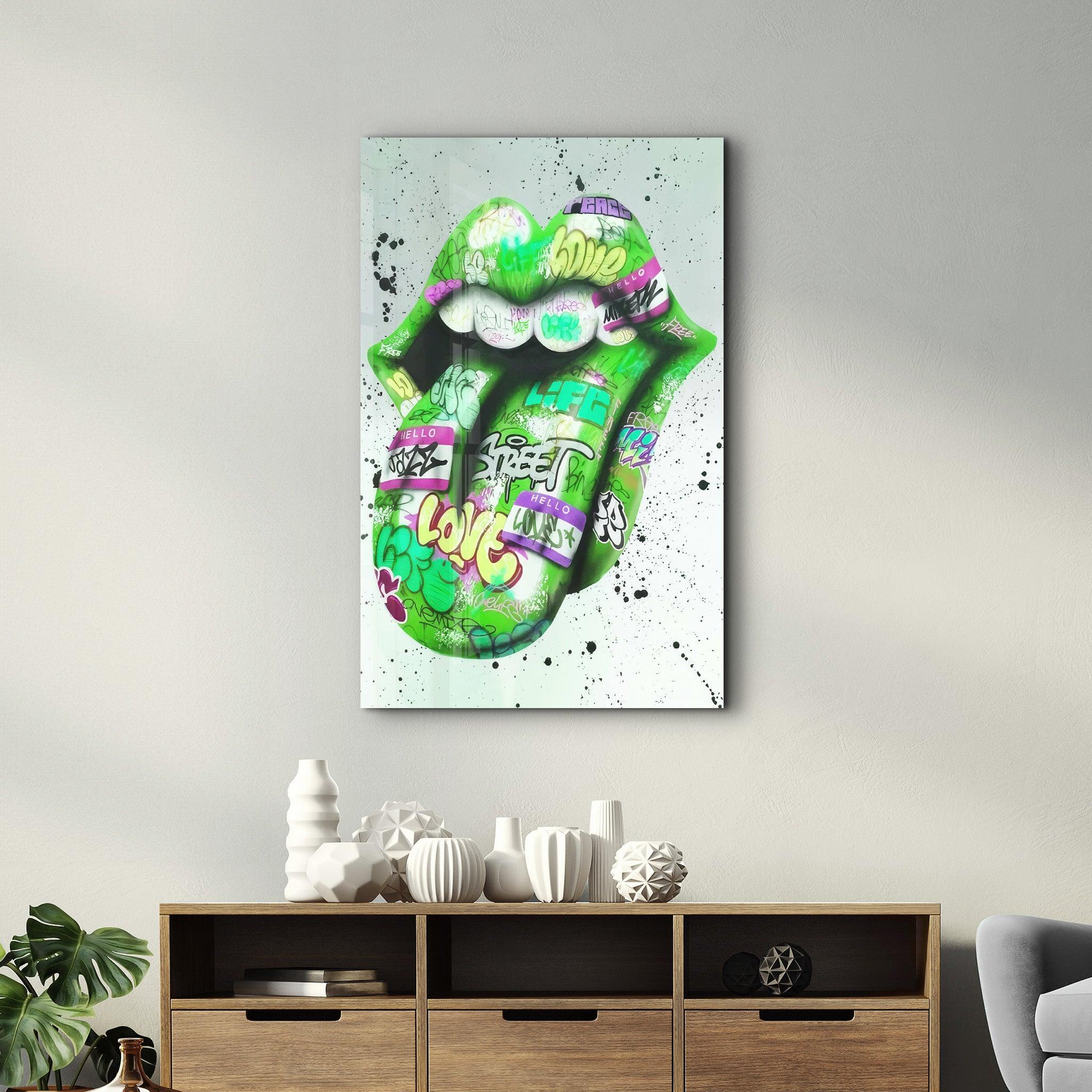 Tongue - Green | Designer's Collection Glass Wall Art - Artdesigna