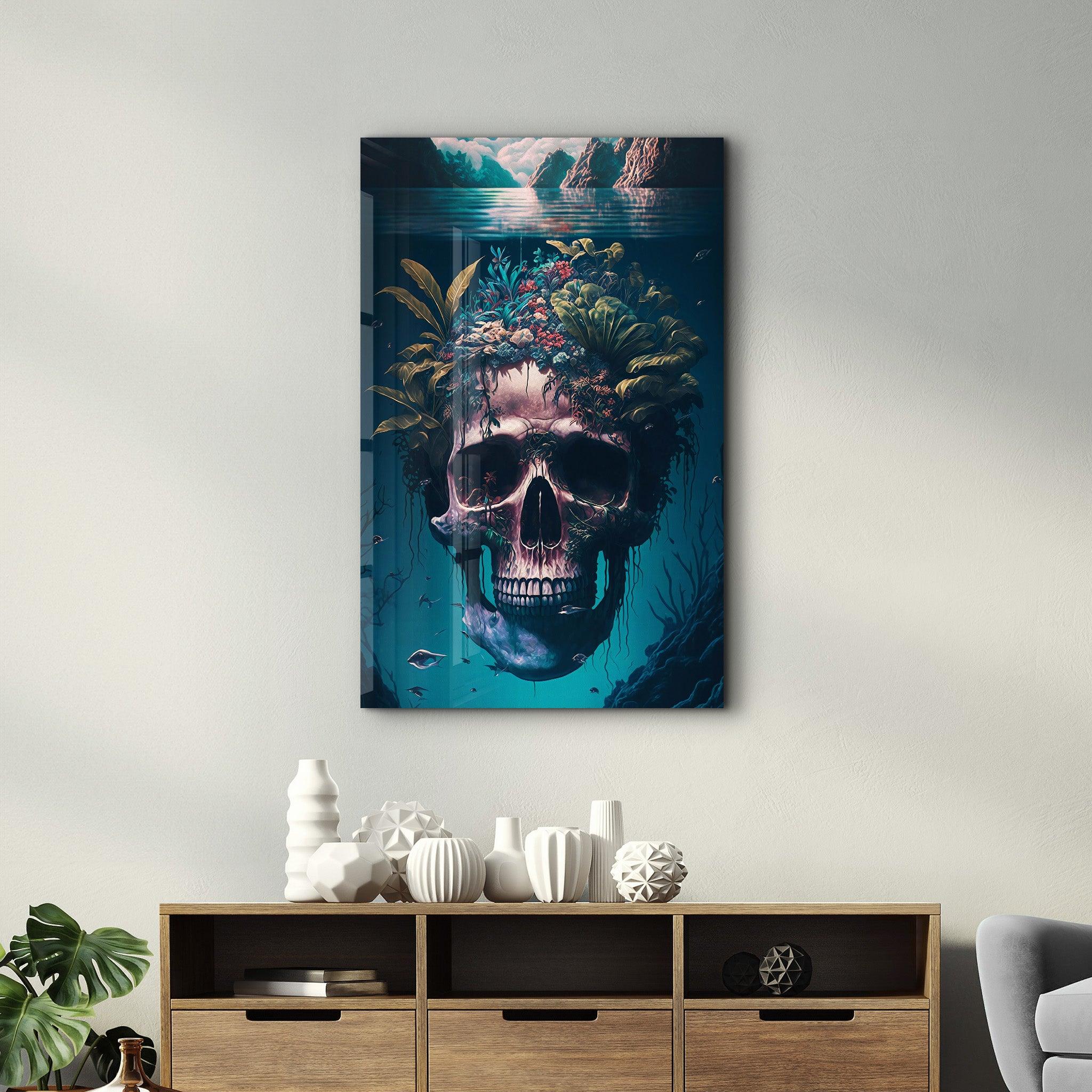 Skull in the Secret Sea | Secret World Collection Glass Wall Art - Artdesigna