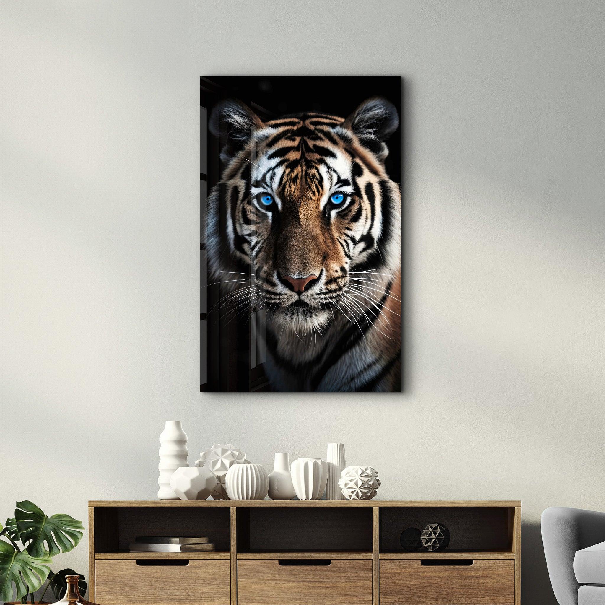 Blue Eyes - Tiger | Designers Collection Glass Wall Art - Artdesigna