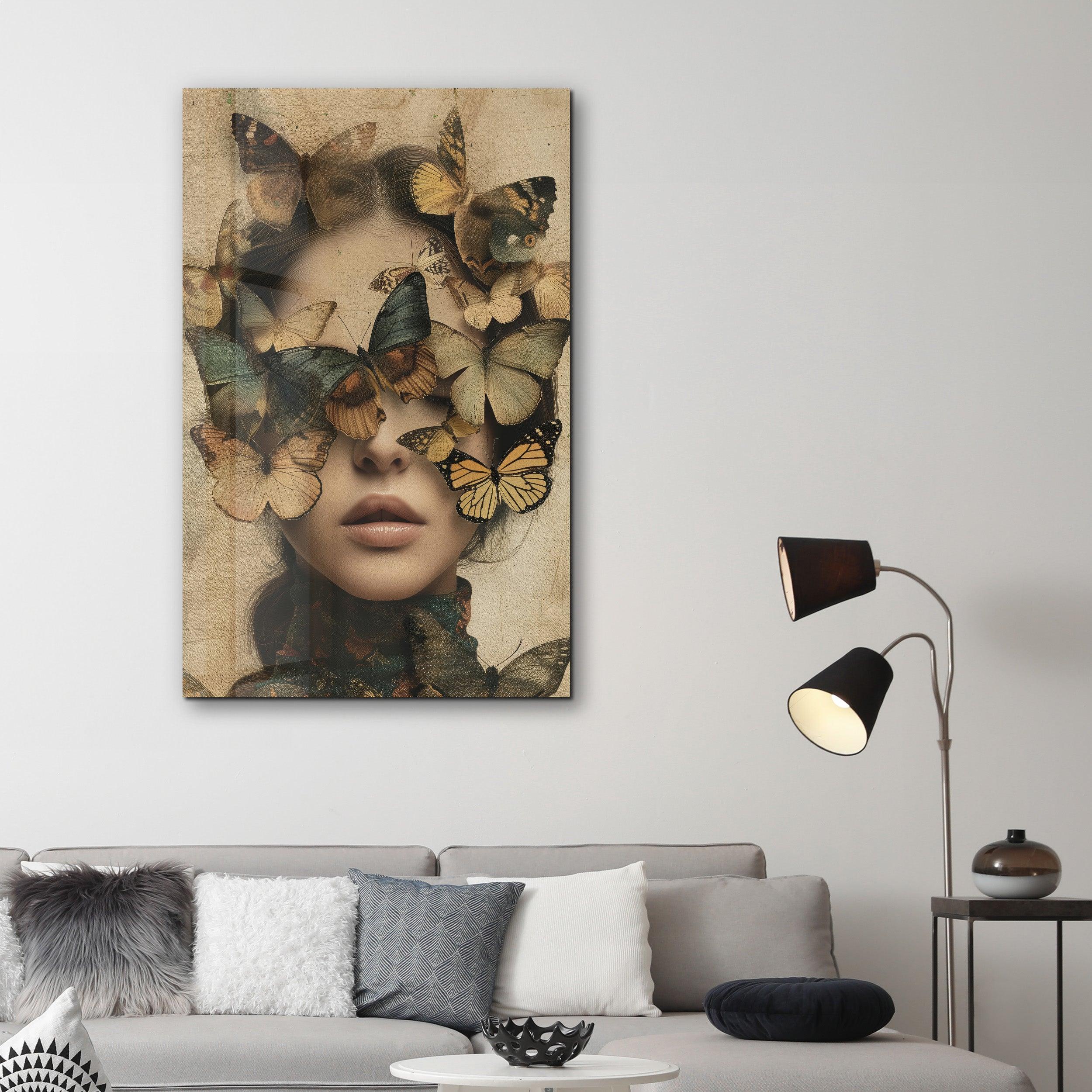 Butterflies on my Head - Glass Wall Art - Artdesigna