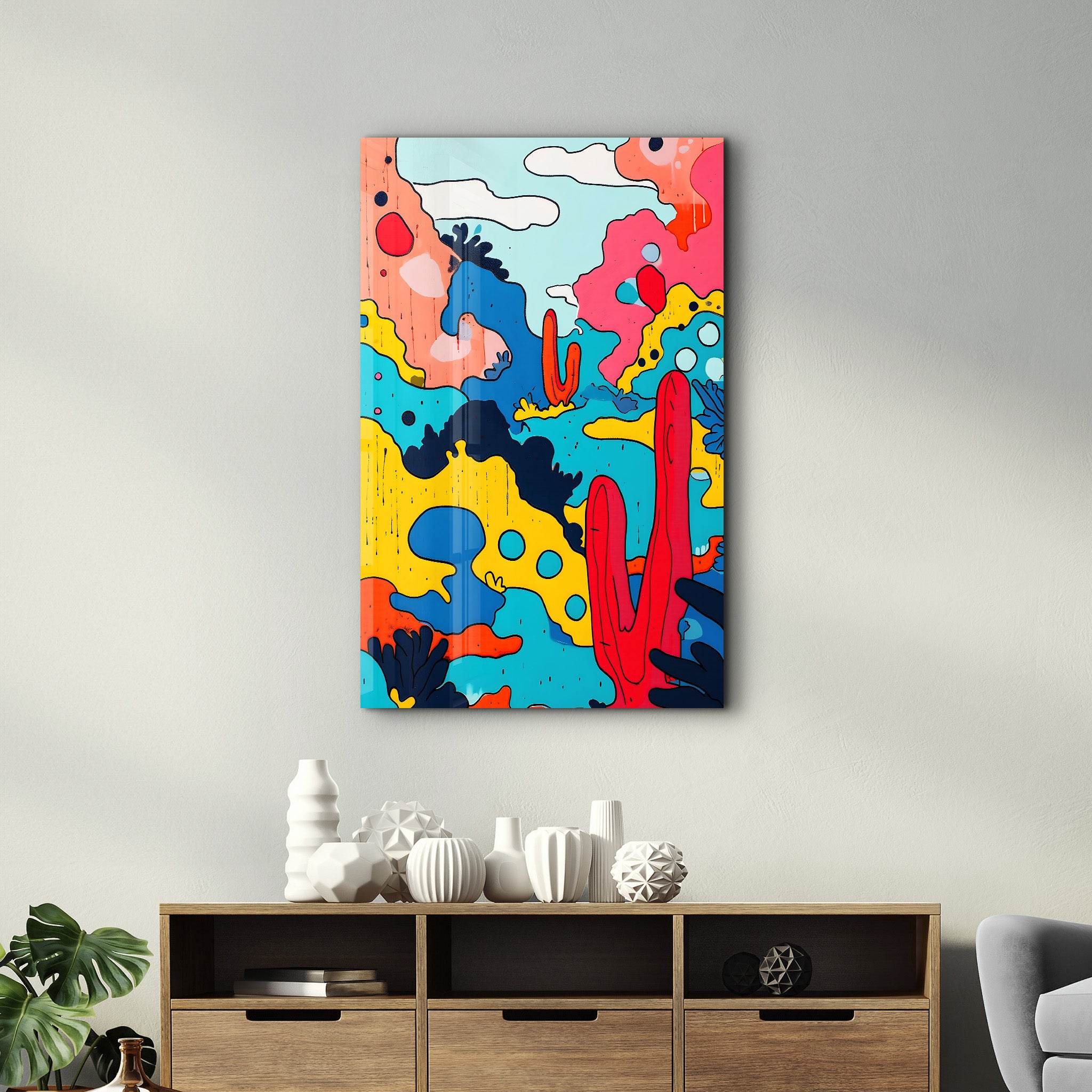 Colorful Cactus Abstract - Glass Wall Art - Artdesigna