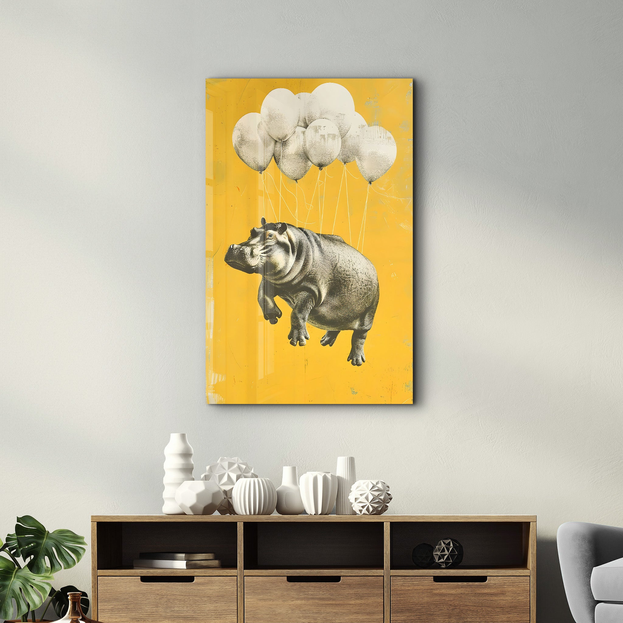 Hippo Rising with Balloons - Glass Wall Art - Artdesigna