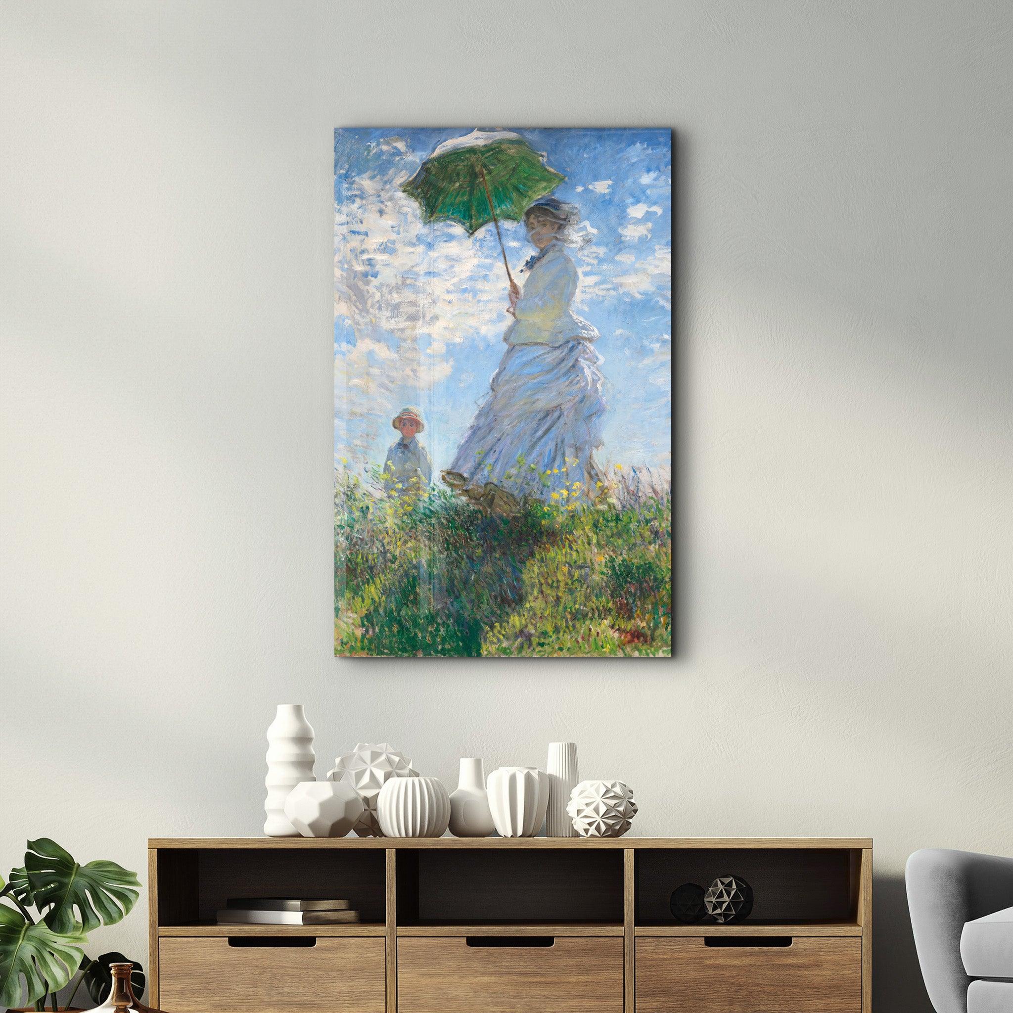 Woman with a Parasol, Madame Monet and Her Son (1875) by Claude Monet | Glass Wall Art - Artdesigna