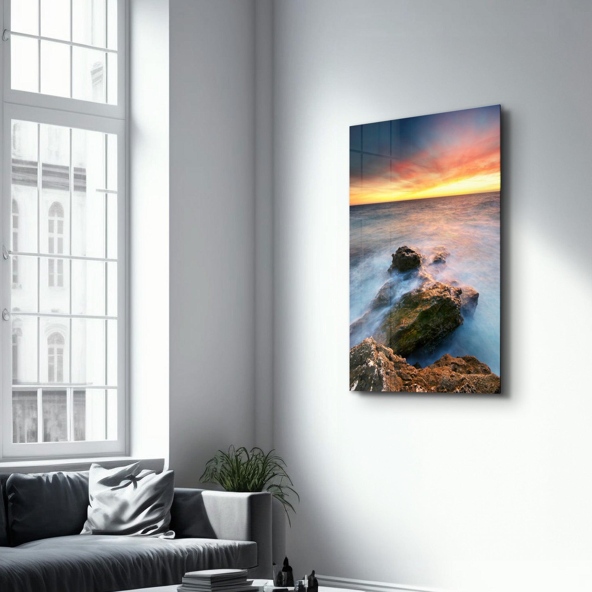 Sunset and Rocks | Glass Wall Art - Artdesigna