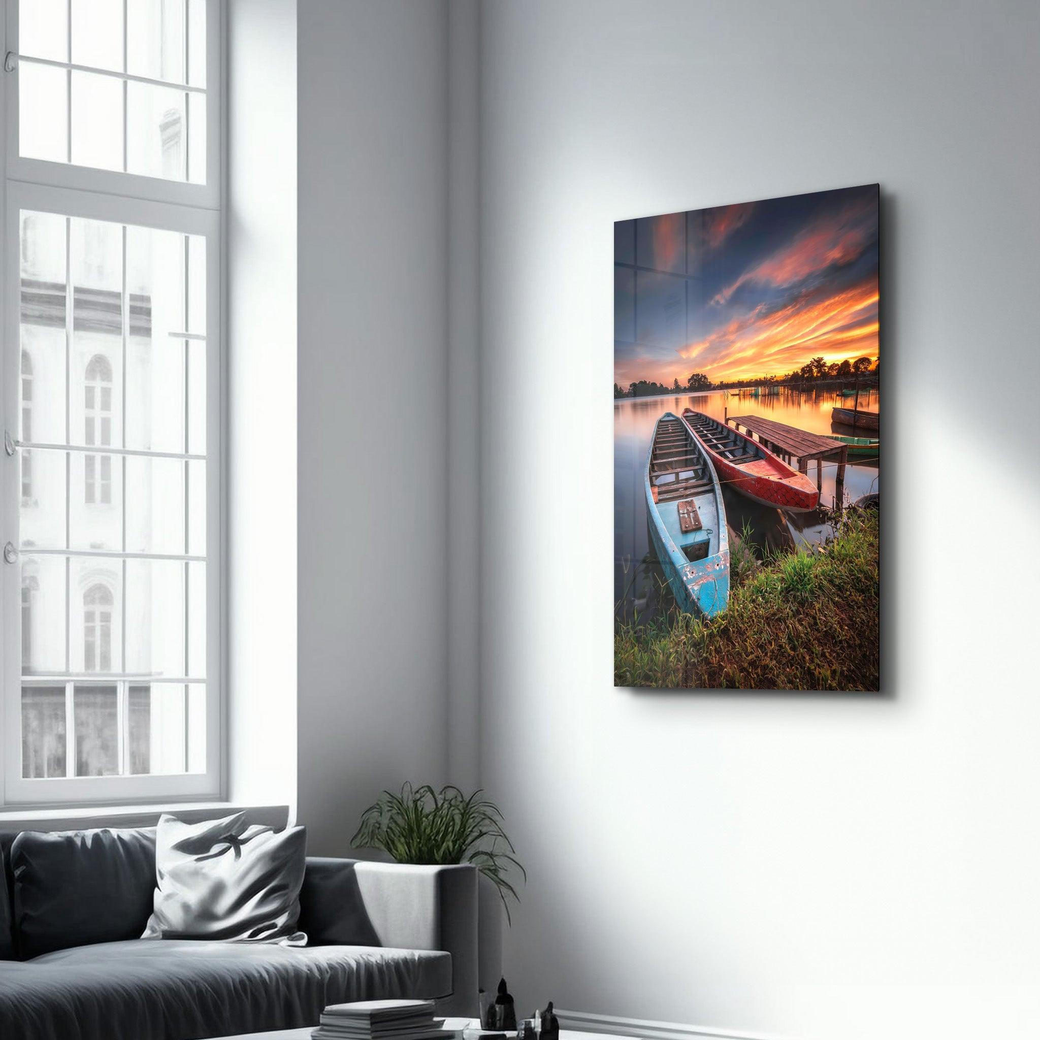 Longboats With Sunset | Glass Wall Art - Artdesigna