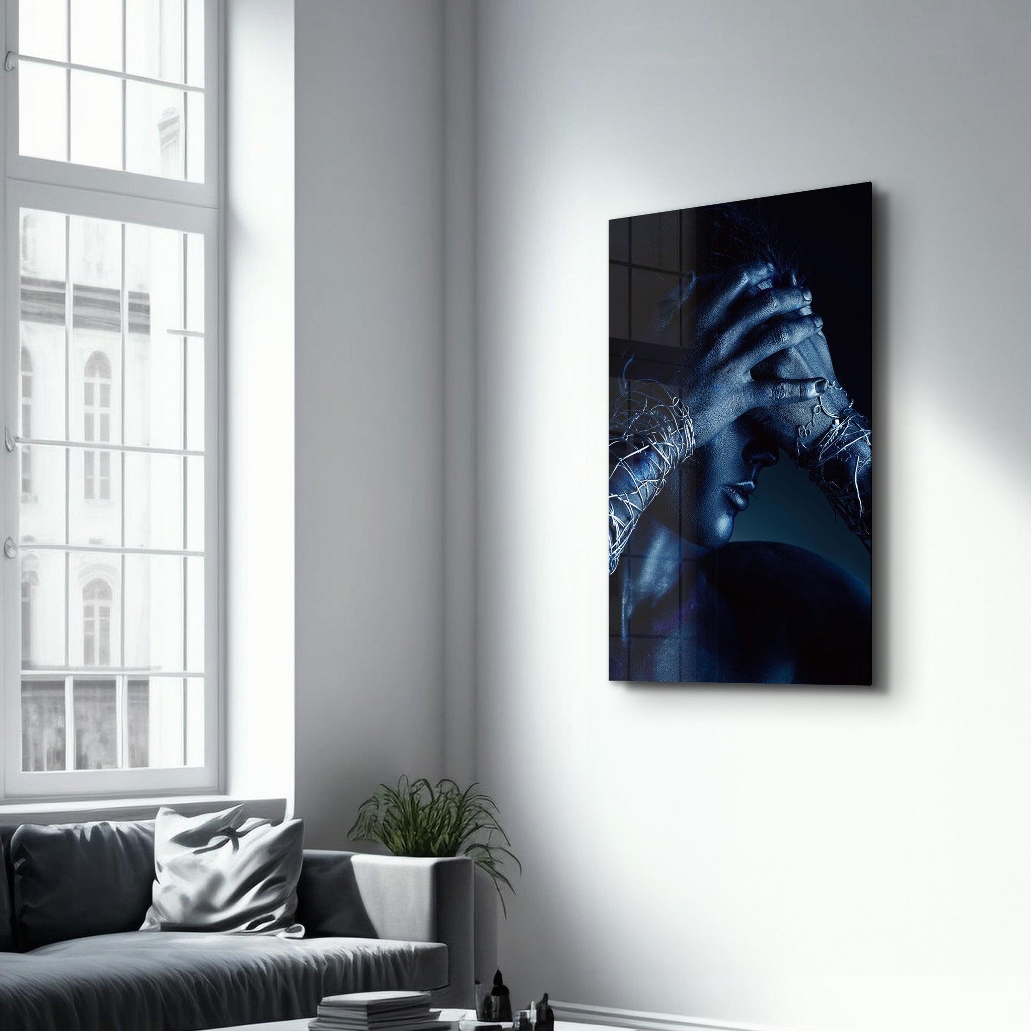 The Woman In Dark Blue | Glass Wall Art - Artdesigna