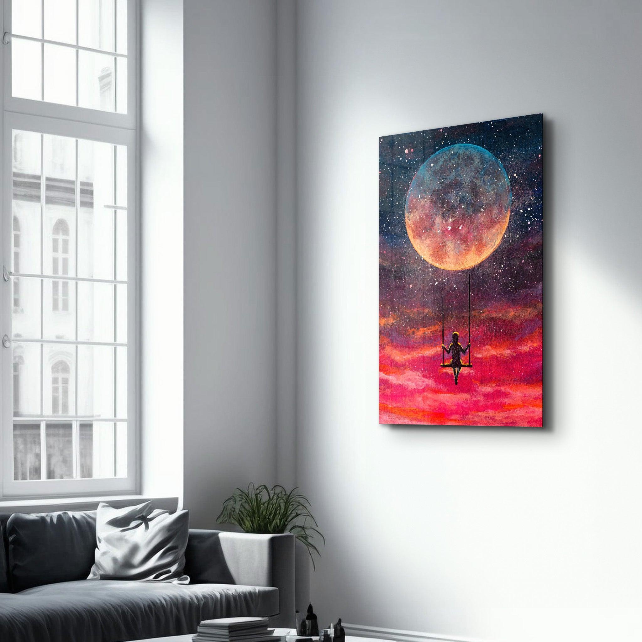 Girl Swinging Under The Moon | Glass Wall Art - Artdesigna