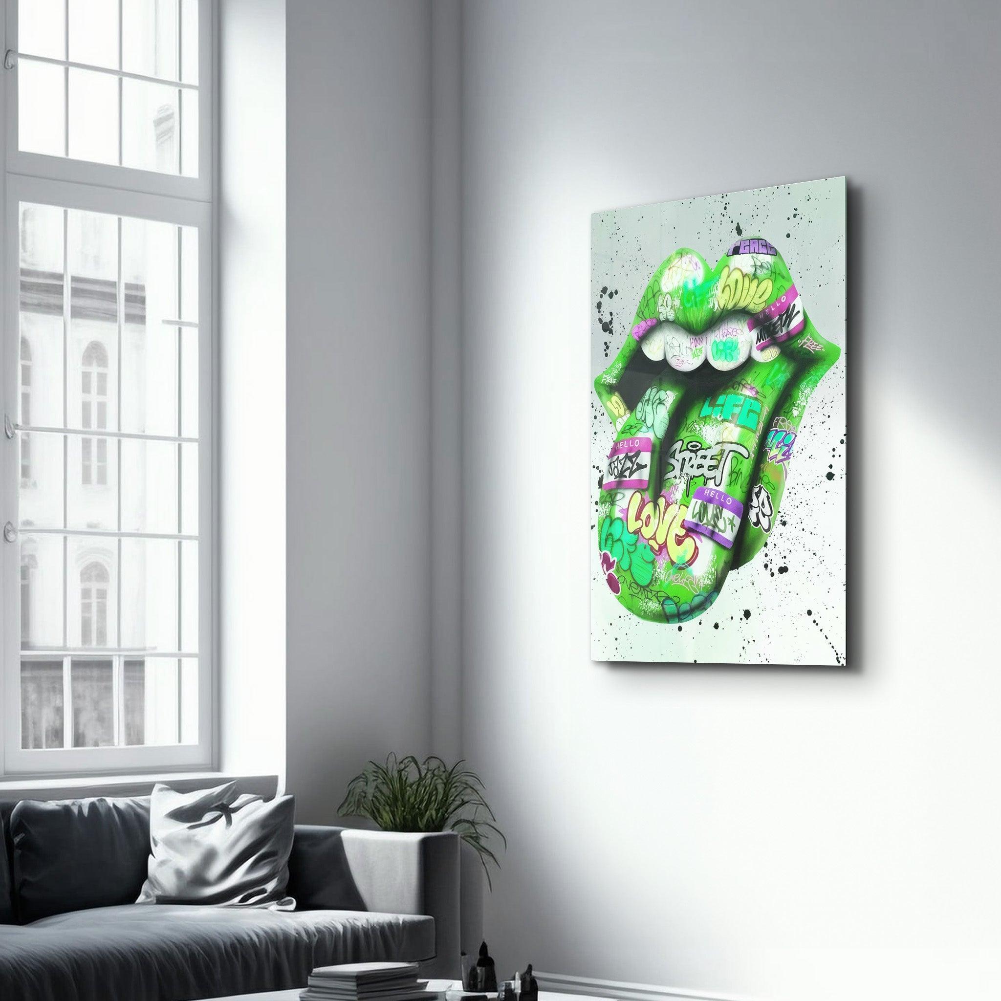 Tongue - Green | Designer's Collection Glass Wall Art - Artdesigna