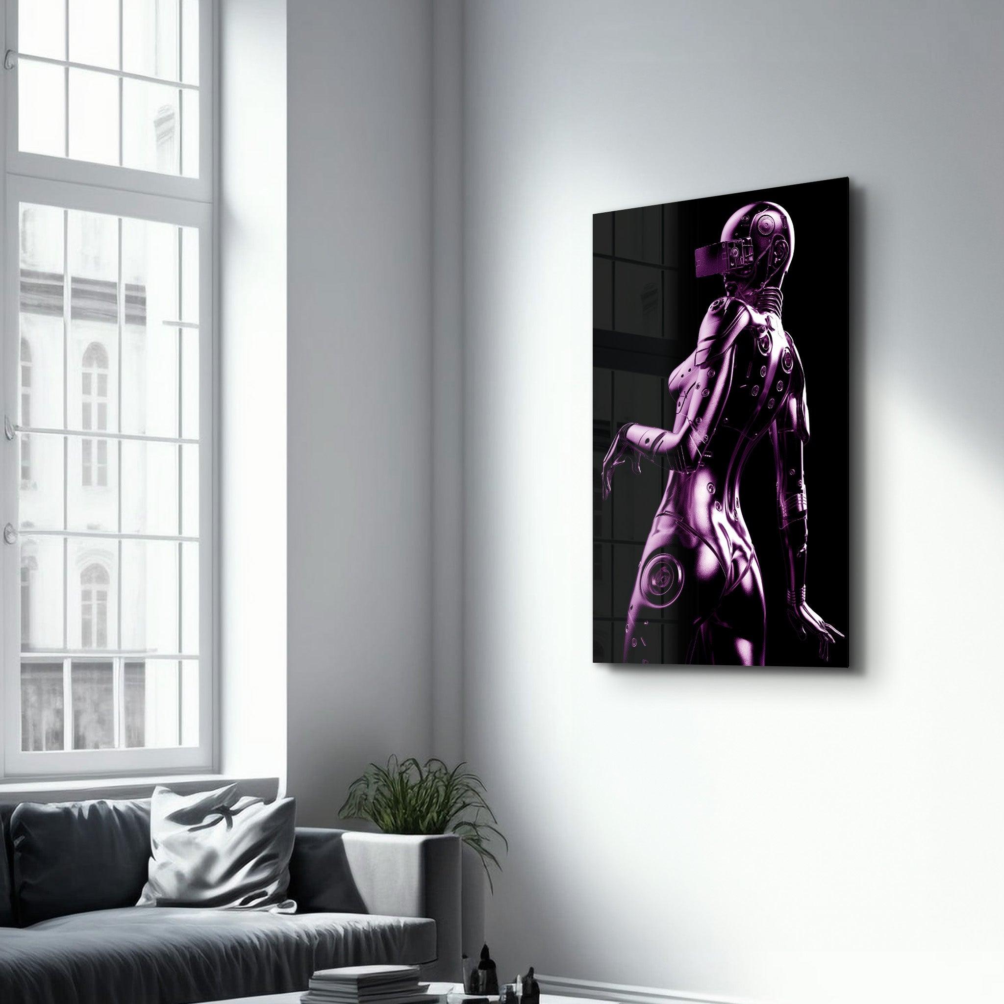 Steel Robot Girl in Purple | Designer's Collection Glass Wall Art - Artdesigna