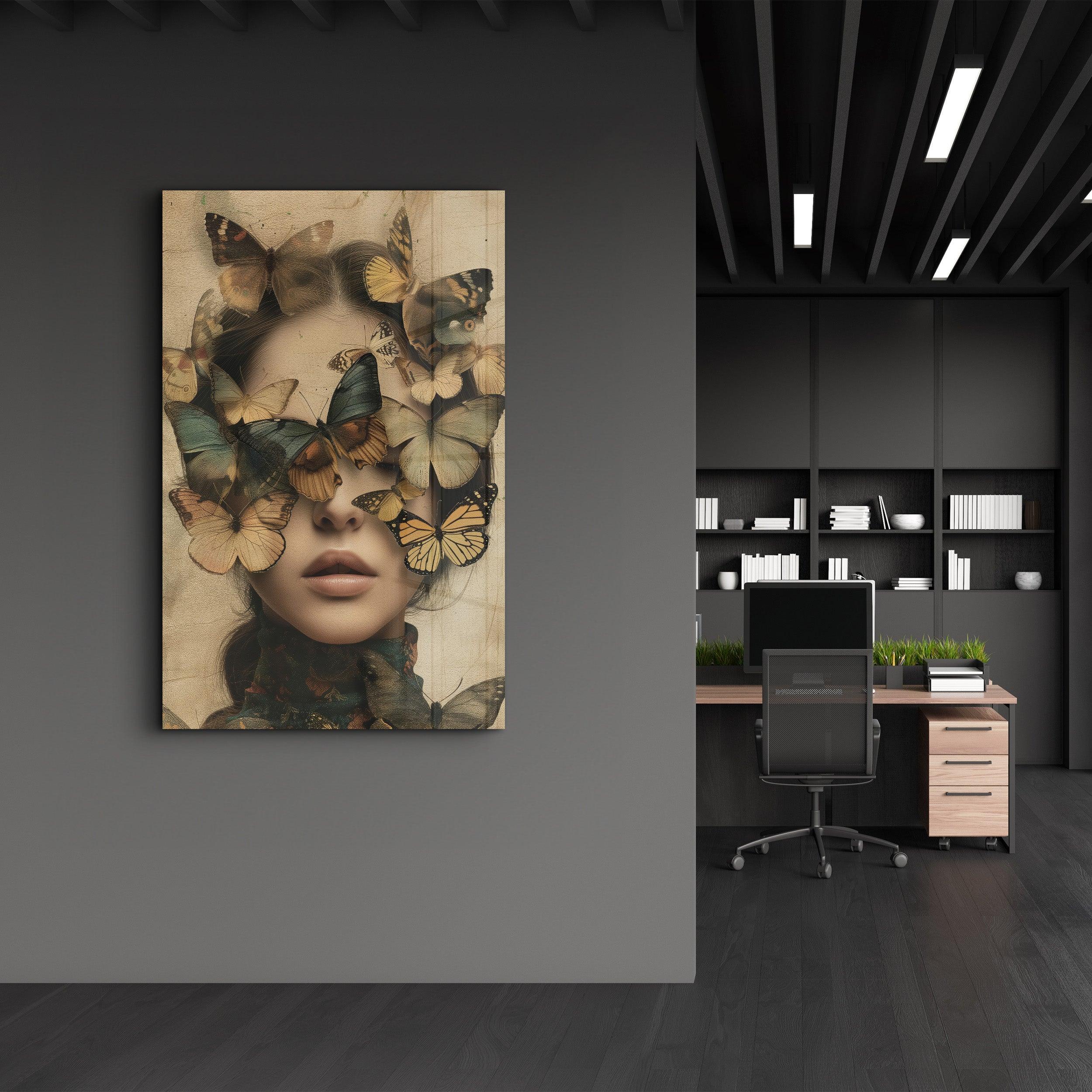 Butterflies on my Head - Glass Wall Art - Artdesigna