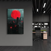 Red Moon over the City - Designers Collection Glass Wall Art - Artdesigna