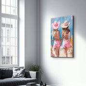 Pink CowGirls On the Beach - Glass Wall Art - Artdesigna