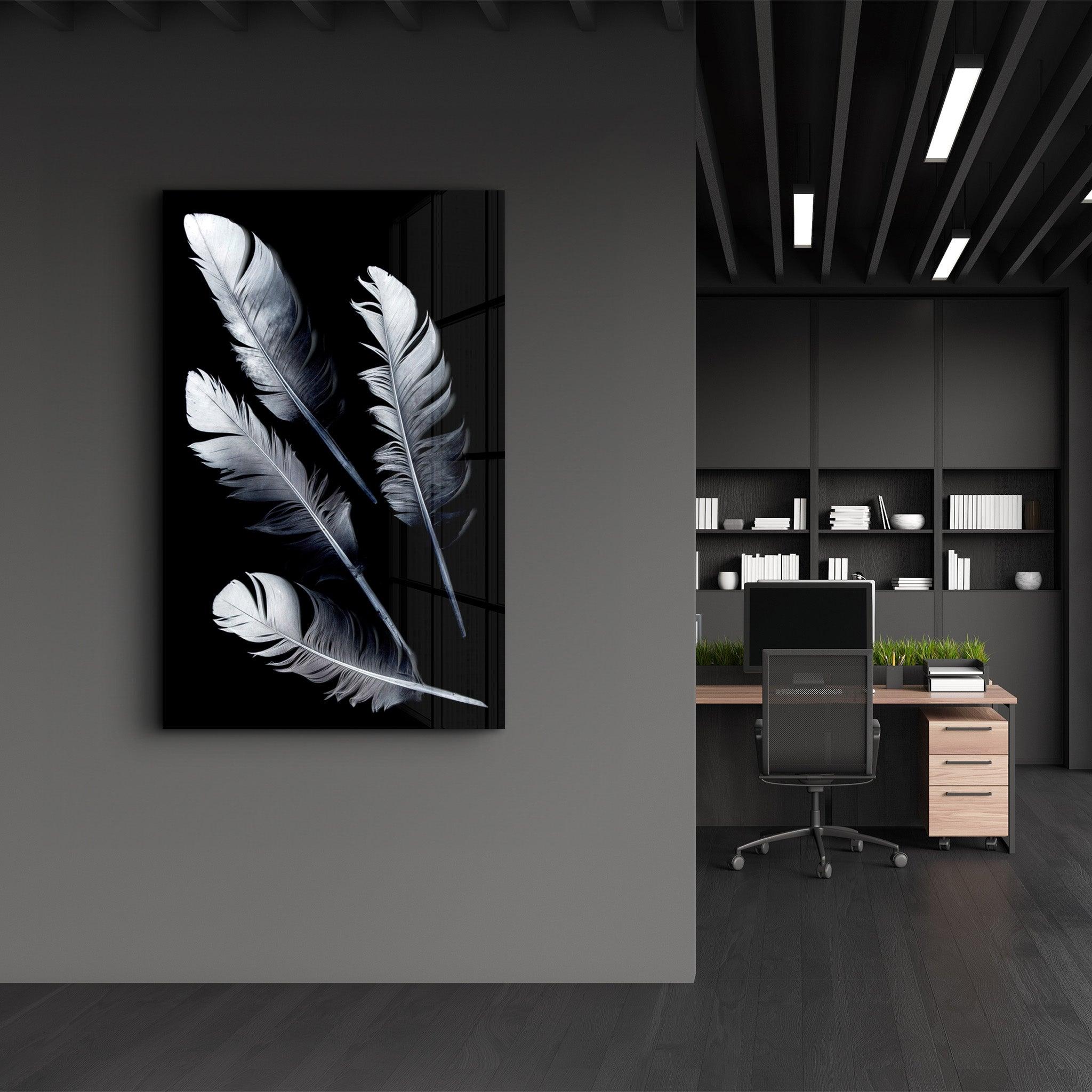 White Feathers | Glass Wall Art - Artdesigna