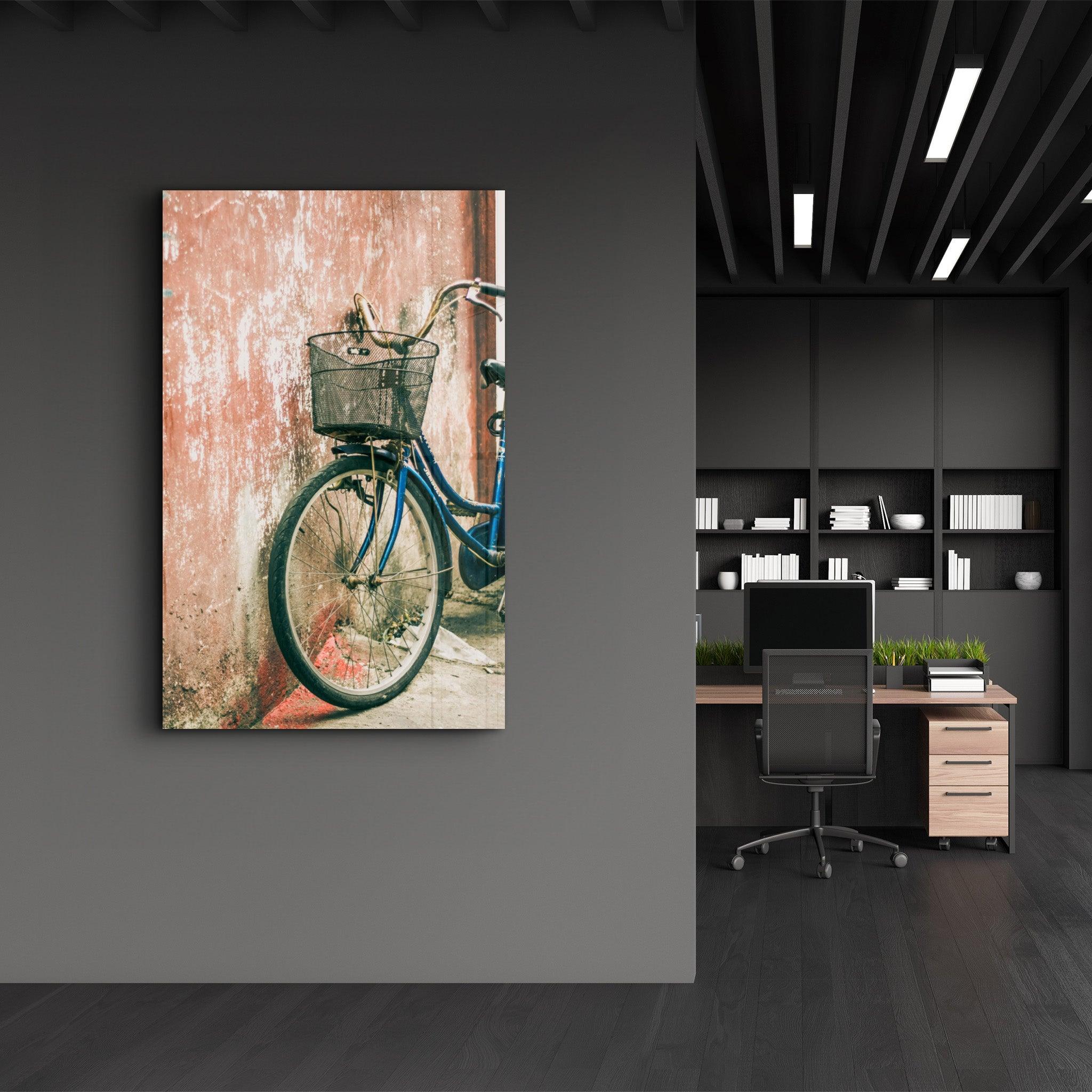 Bicycle with Basket | Glass Wall Art - Artdesigna