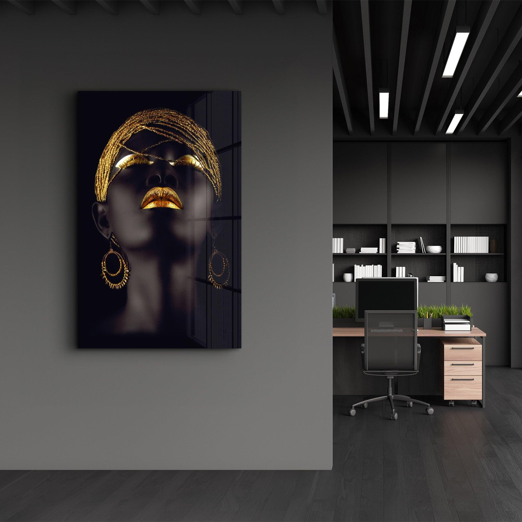 Golden Lips Woman Portrait V2 | Glass Wall Art - Artdesigna