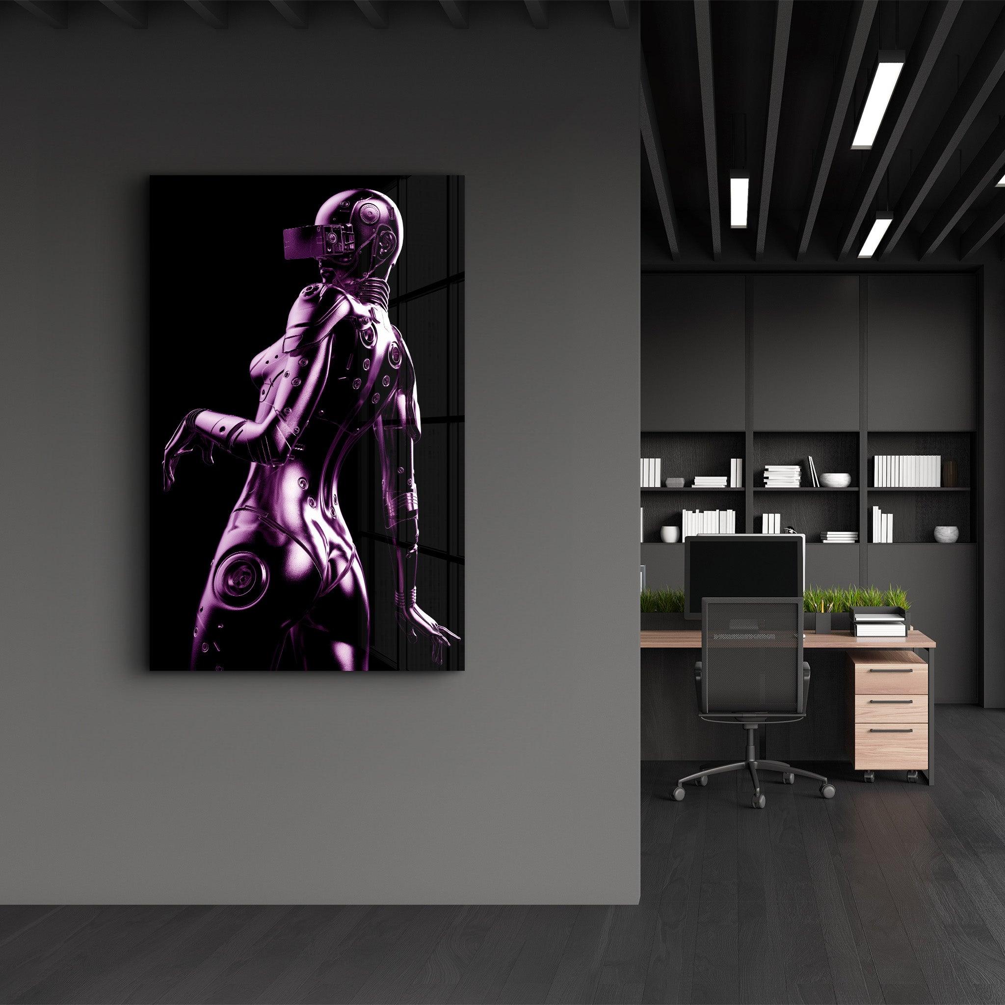 Steel Robot Girl in Purple | Designer's Collection Glass Wall Art - Artdesigna