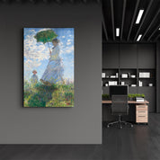 Woman with a Parasol, Madame Monet and Her Son (1875) by Claude Monet | Glass Wall Art - Artdesigna