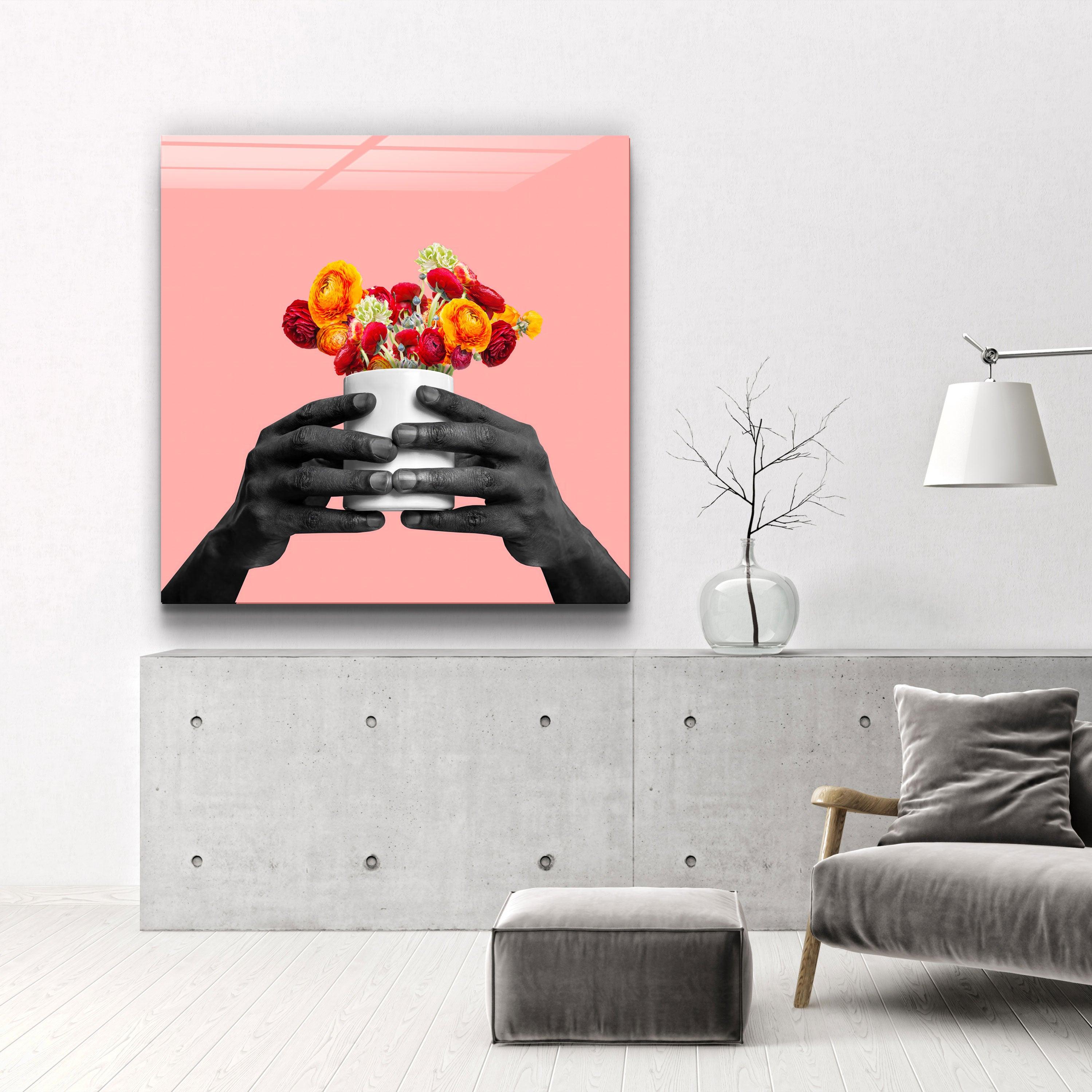 ."Holding the Flower - Pink". Contemporary Collection Glass Wall Art - ArtDesigna Glass Printing Wall Art