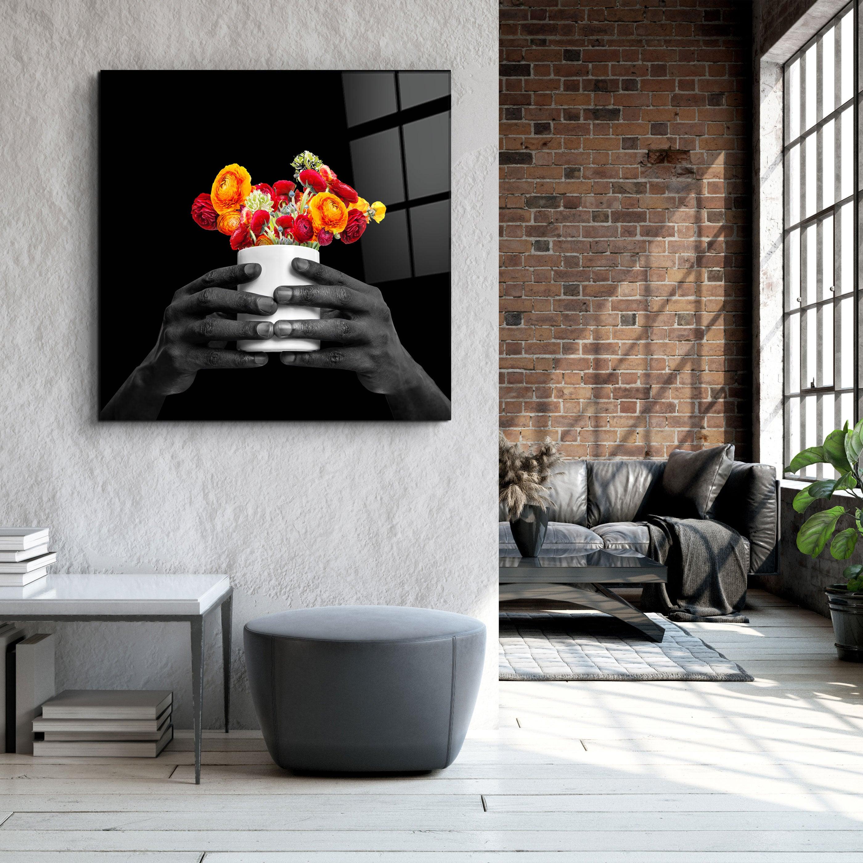 ."Holding the Flower - Black". Contemporary Collection Glass Wall Art - ArtDesigna Glass Printing Wall Art