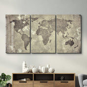Vintage World Map trio glass wall art by Artdesigna, featuring detailed maps with a classic design on clear glass.