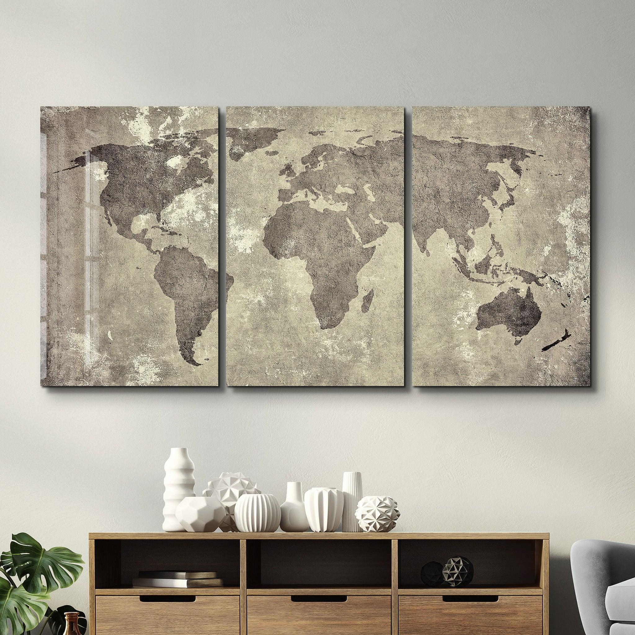 Vintage World Map trio glass wall art by Artdesigna, featuring detailed maps with a classic design on clear glass.