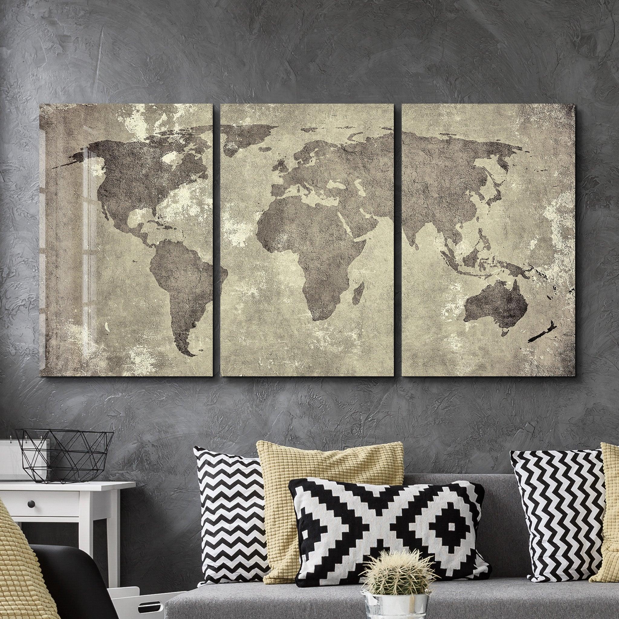 Vintage world map trio glass wall art by Artdesigna featuring detailed vintage world maps on clear glass panels.