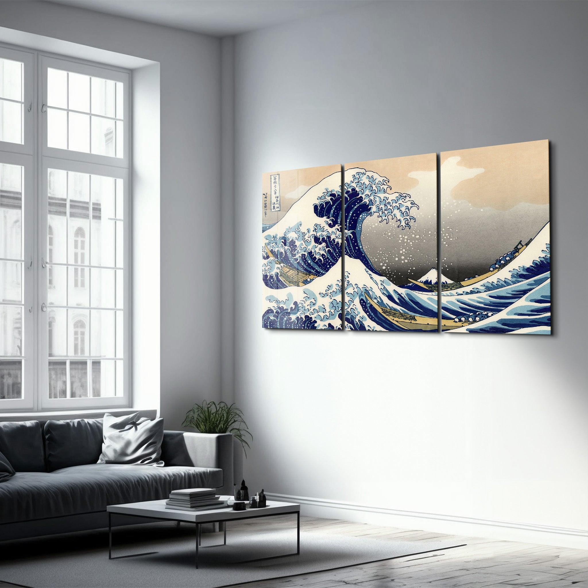 ・"THE GREAT WAVE OFF KANAGAWA (1829) BY HOKUSAI- Trio"・Glass Wall Art - ArtDesigna Glass Printing Wall Art