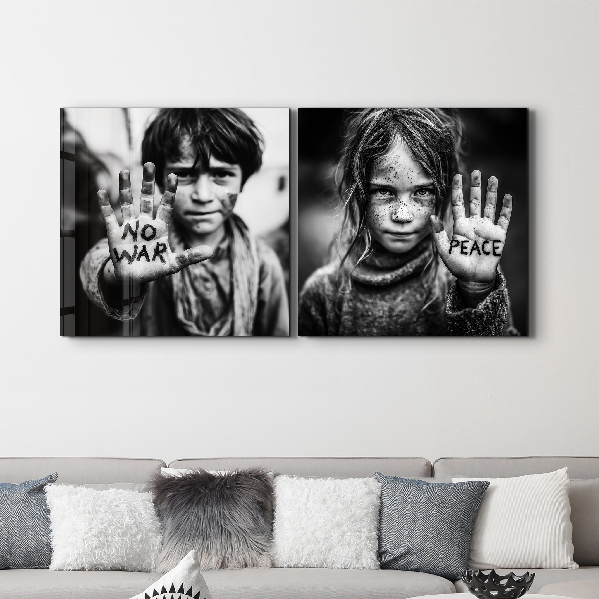 Glass wall art featuring portraits from the Voices of Peace Protest Collection by Artdesigna, displayed on a clear glass panel.
