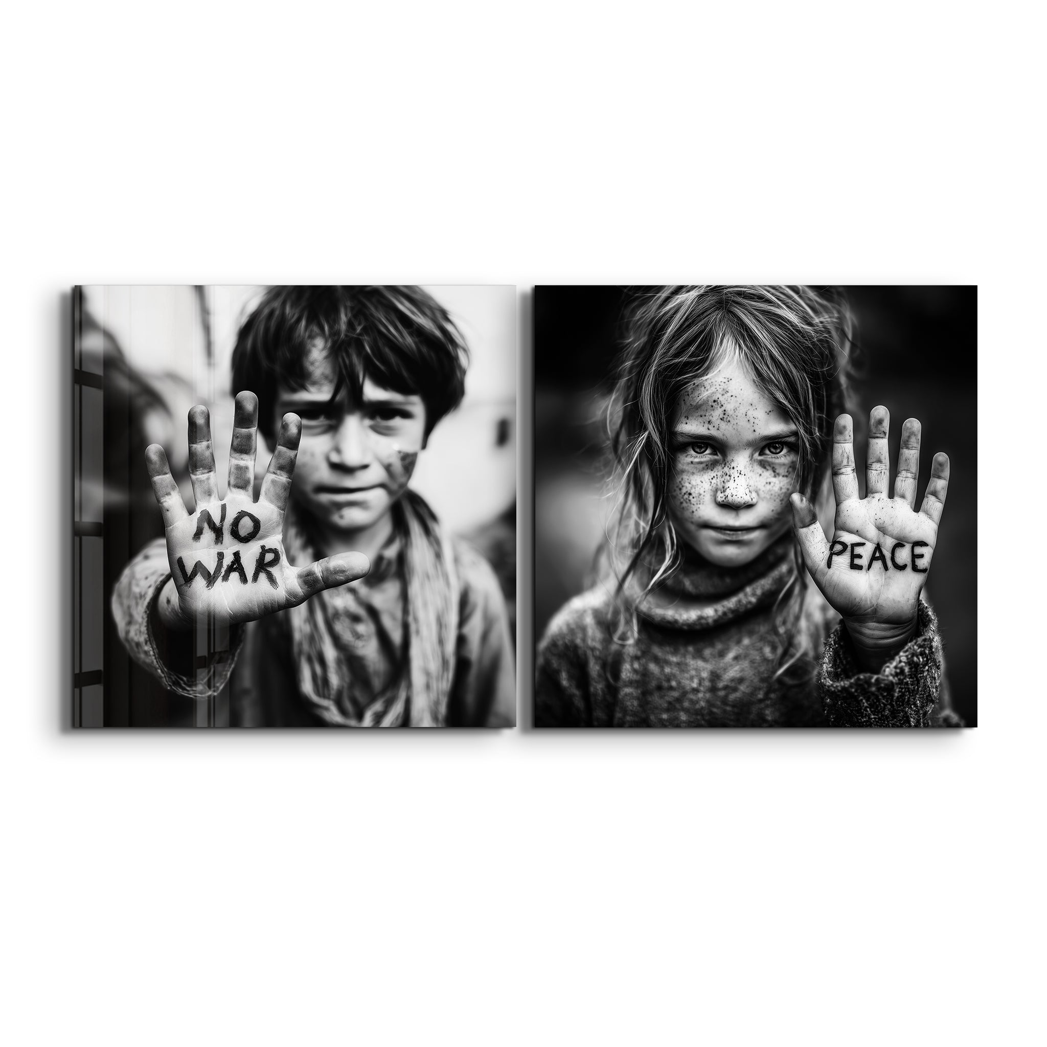 Glass wall art from Artdesigna's Voices of Peace Protest Portrait Collection, featuring vibrant protest imagery on clear glass.