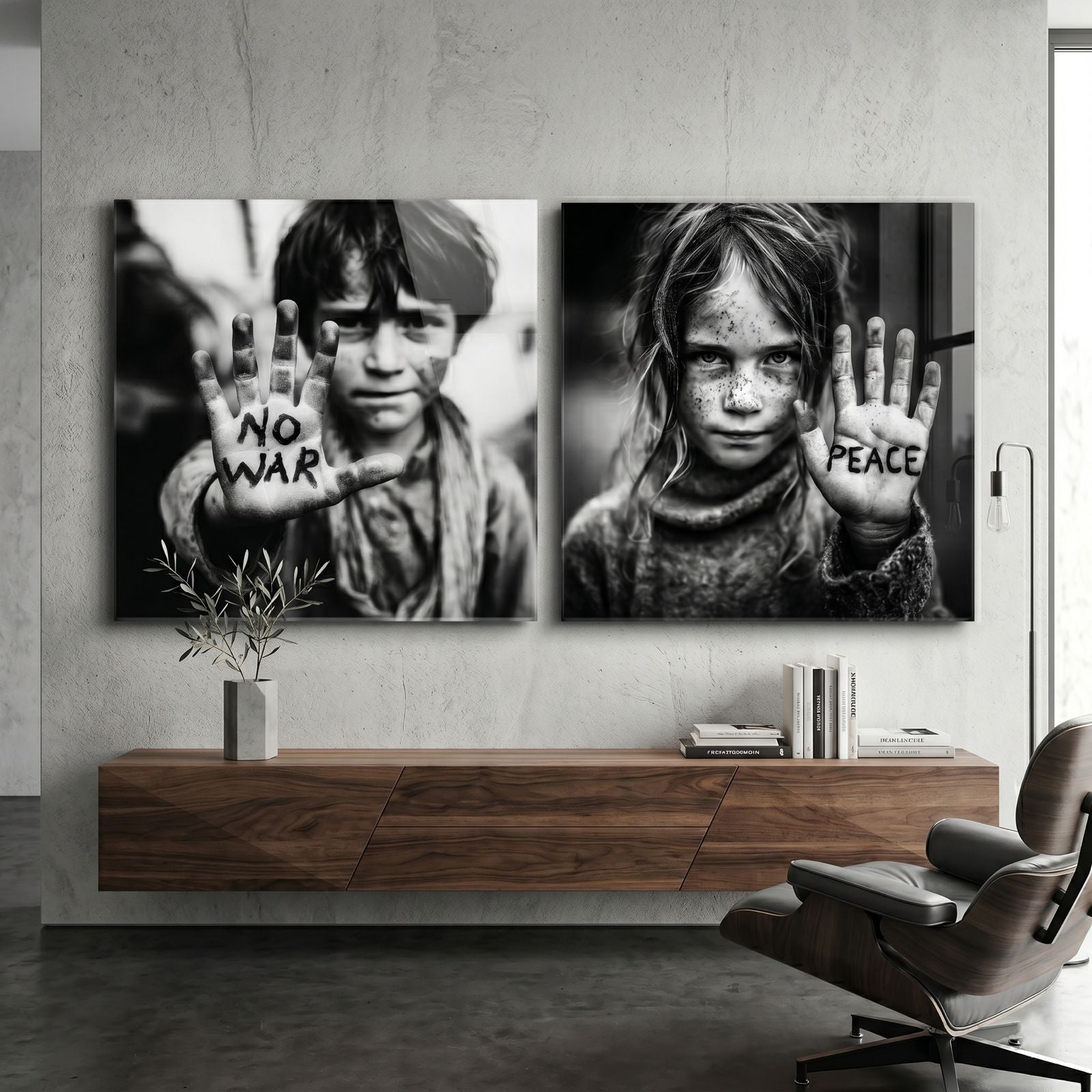 Glass wall art from Artdesigna's Voices of Peace Protest Portrait Collection featuring vibrant protest images on clear glass.