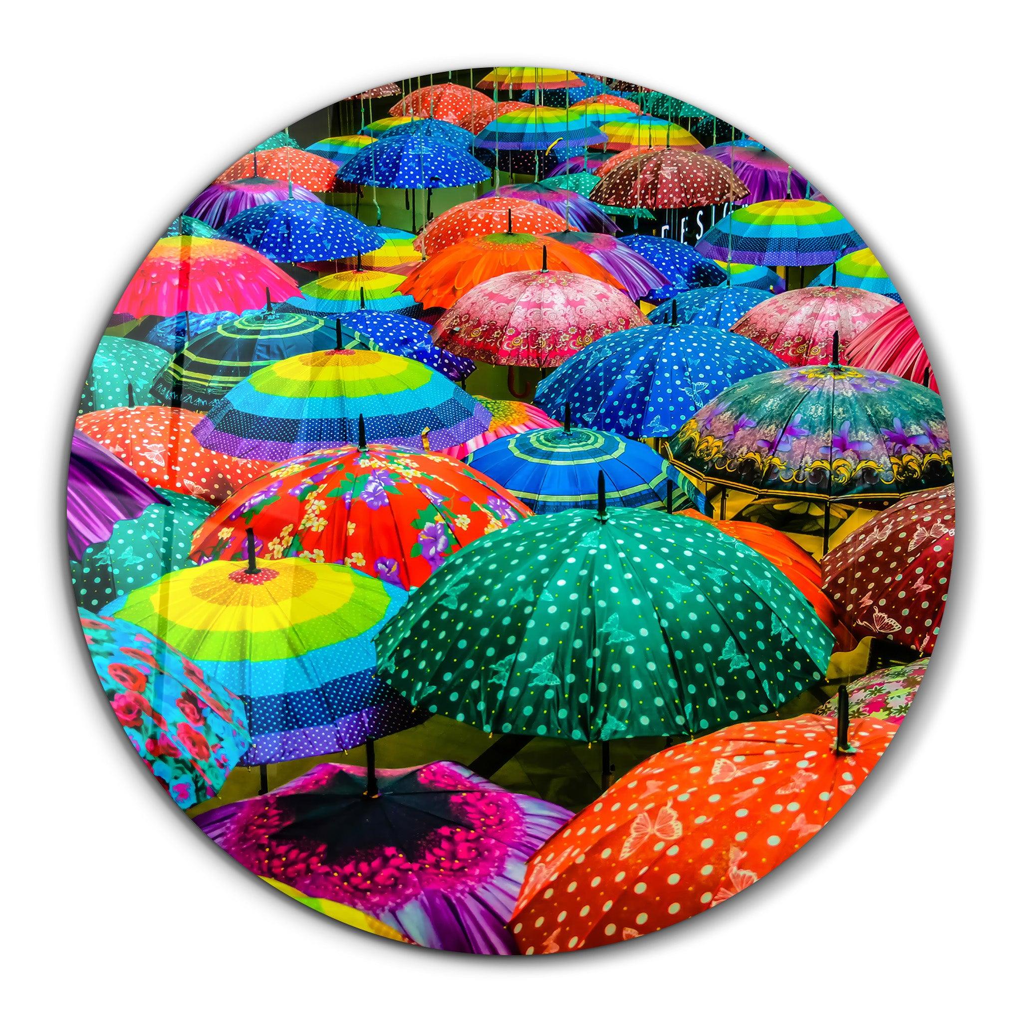 ・"Colorful Umbrellas"・Rounded Glass Wall Art - ArtDesigna Glass Printing Wall Art