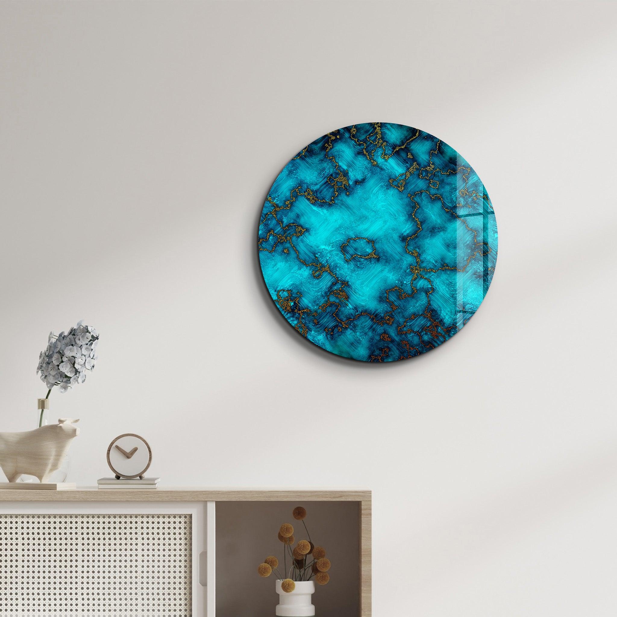 ・"Gold on Blue Abstract"・Rounded Glass Wall Art - ArtDesigna Glass Printing Wall Art