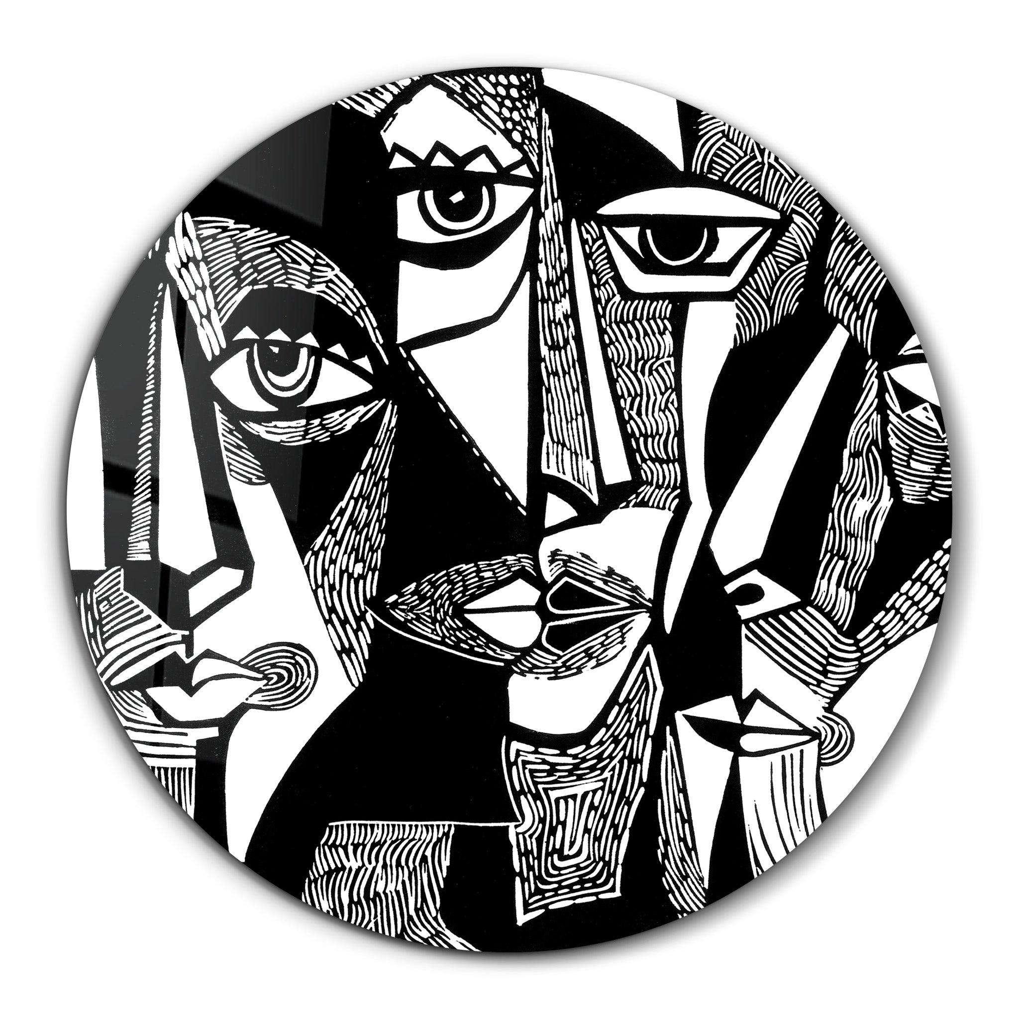 ・"African Faces Black and White"・Rounded Glass Wall Art - ArtDesigna Glass Printing Wall Art