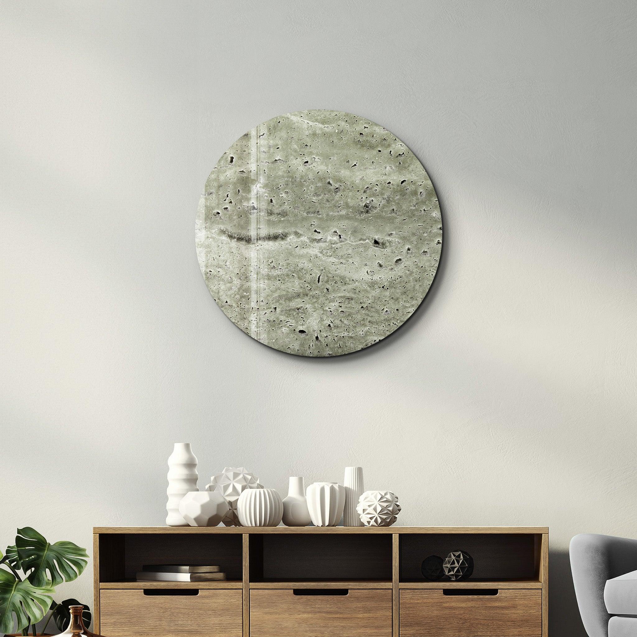 ・"Travertine - Moon - Cement Green"・Rounded Glass Wall Art - ArtDesigna Glass Printing Wall Art