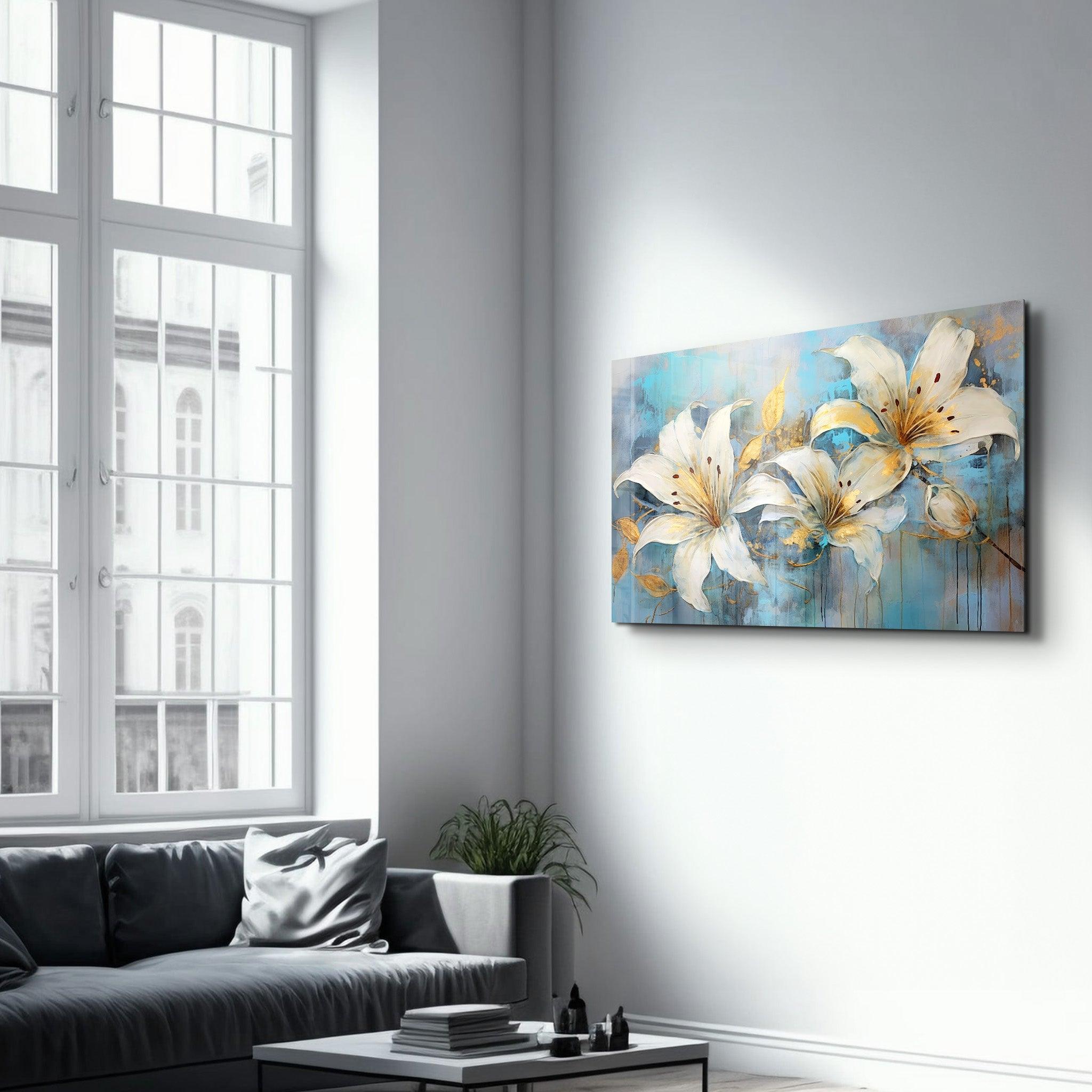 White Blooms | Glass Wall Art - Artdesigna