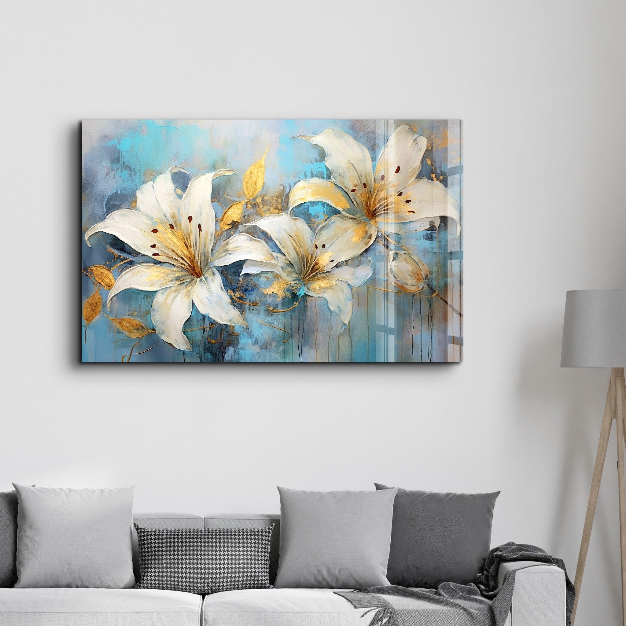 White Blooms | Glass Wall Art - Artdesigna