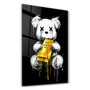Glass wall art by Artdesigna featuring the "Worth More Than Words x Sugar Teddy" design in vibrant colors and clear glass.