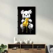 Elegant glass wall art featuring a teddy bear design from Worth More Than Words x Sugar, by Artdesigna.