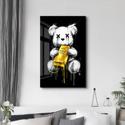 Glass wall art featuring a teddy bear design from Worth More Than Words x Sugar collection by Artdesigna, with vibrant glass details.