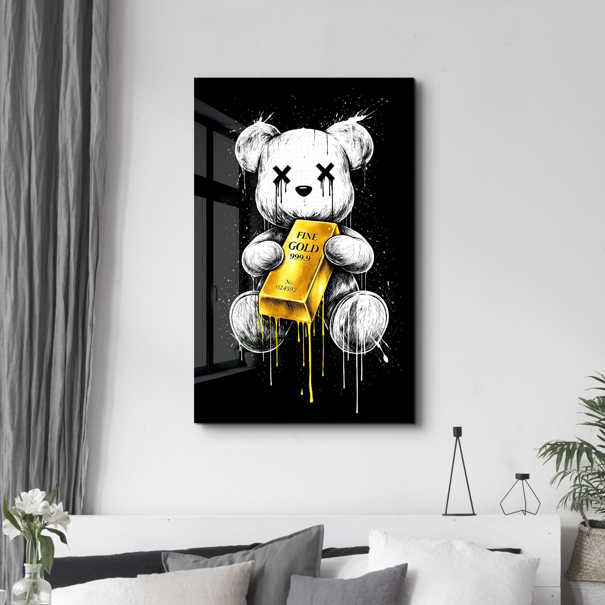 Glass wall art featuring a teddy bear design from Worth More Than Words x Sugar collection by Artdesigna, with vibrant glass details.