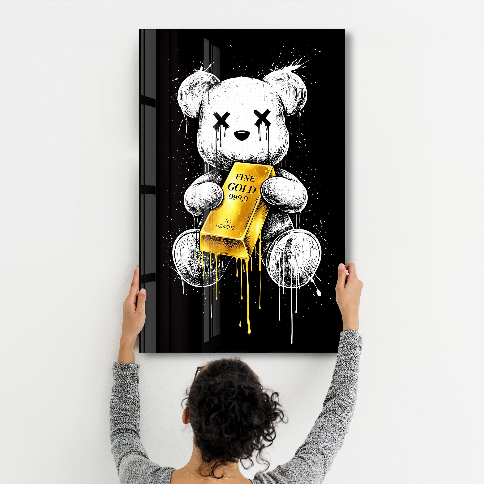 Glass wall art titled "Worth More Than Words x Sugar Teddy" by Artdesigna featuring colorful glass design on a clear wall background.