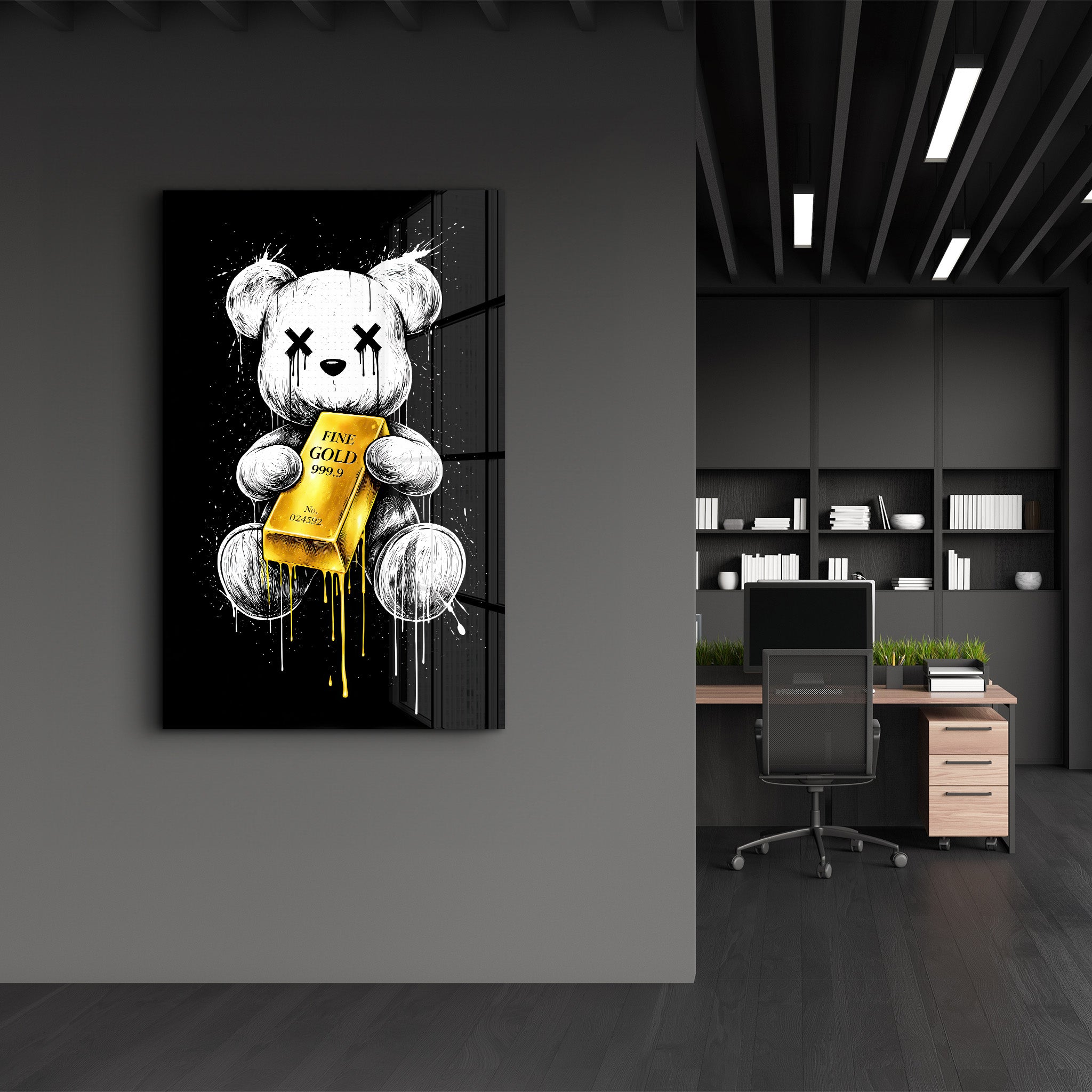 Glass wall art featuring a teddy bear design from the Worth More Than Words x Sugar collection by Artdesigna.