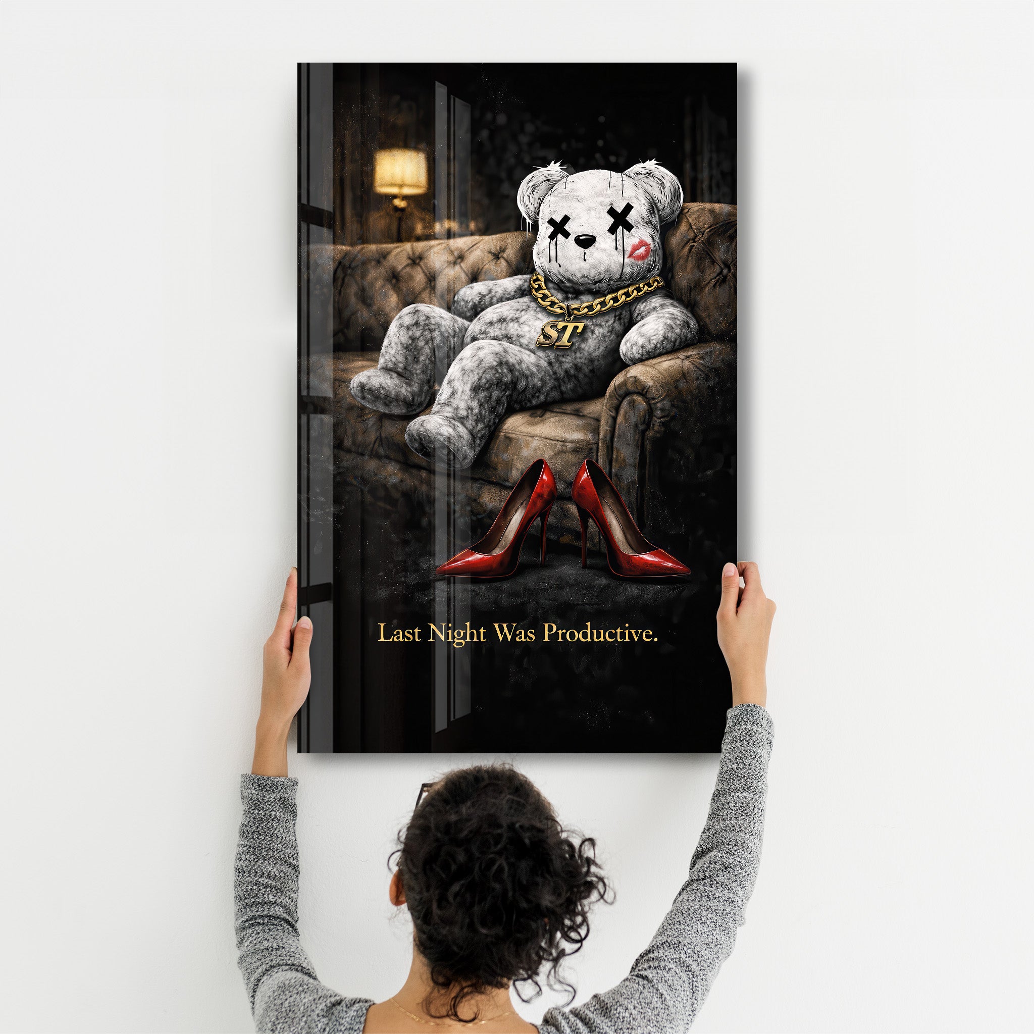 Last Night Was Productive x Sugar Teddy | Glass Wall Art