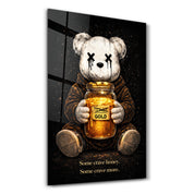 Glass wall art by Artdesigna featuring colorful honey and teddy bear designs, decorative wall decor for living spaces.