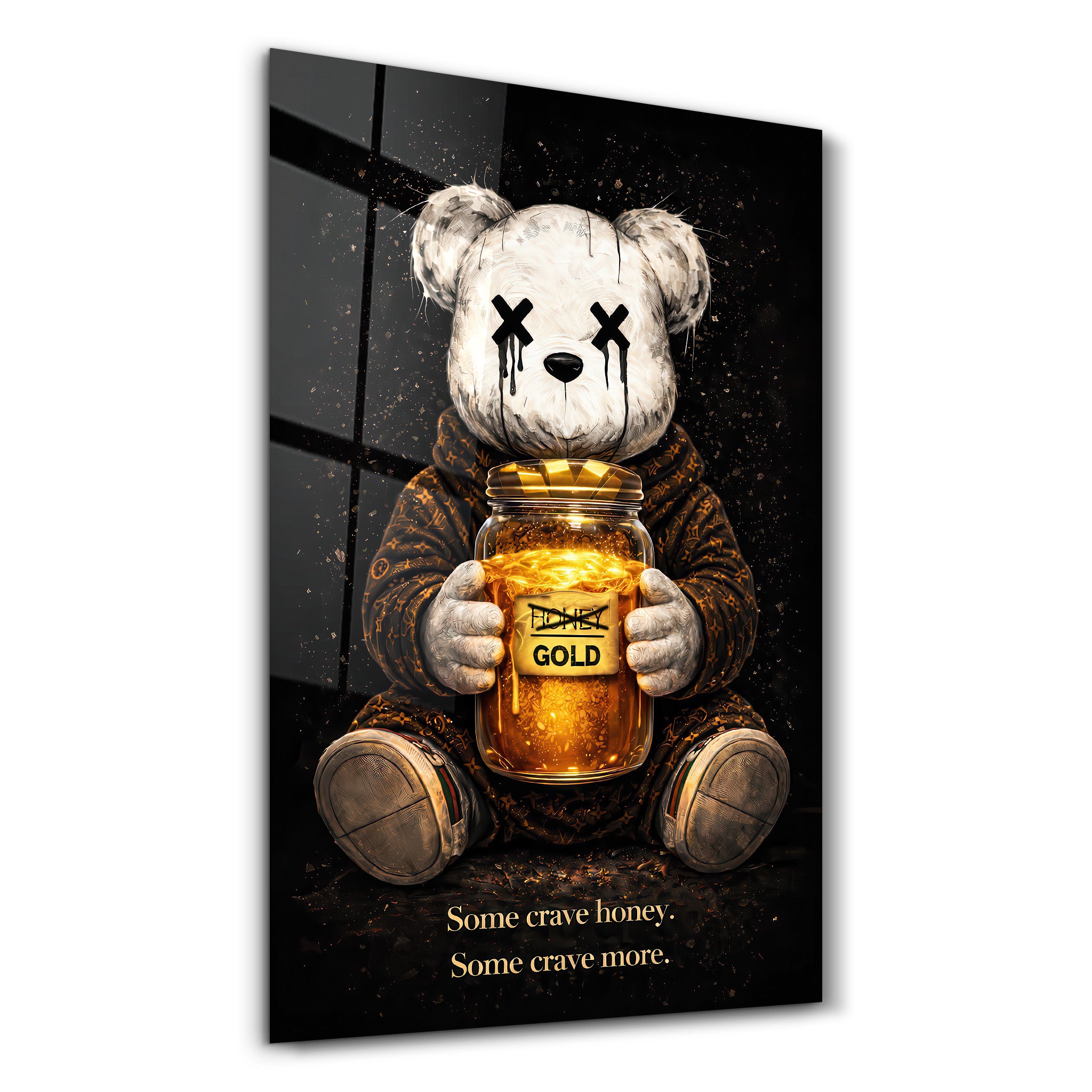 Glass wall art by Artdesigna featuring colorful honey and teddy bear designs, decorative wall decor for living spaces.