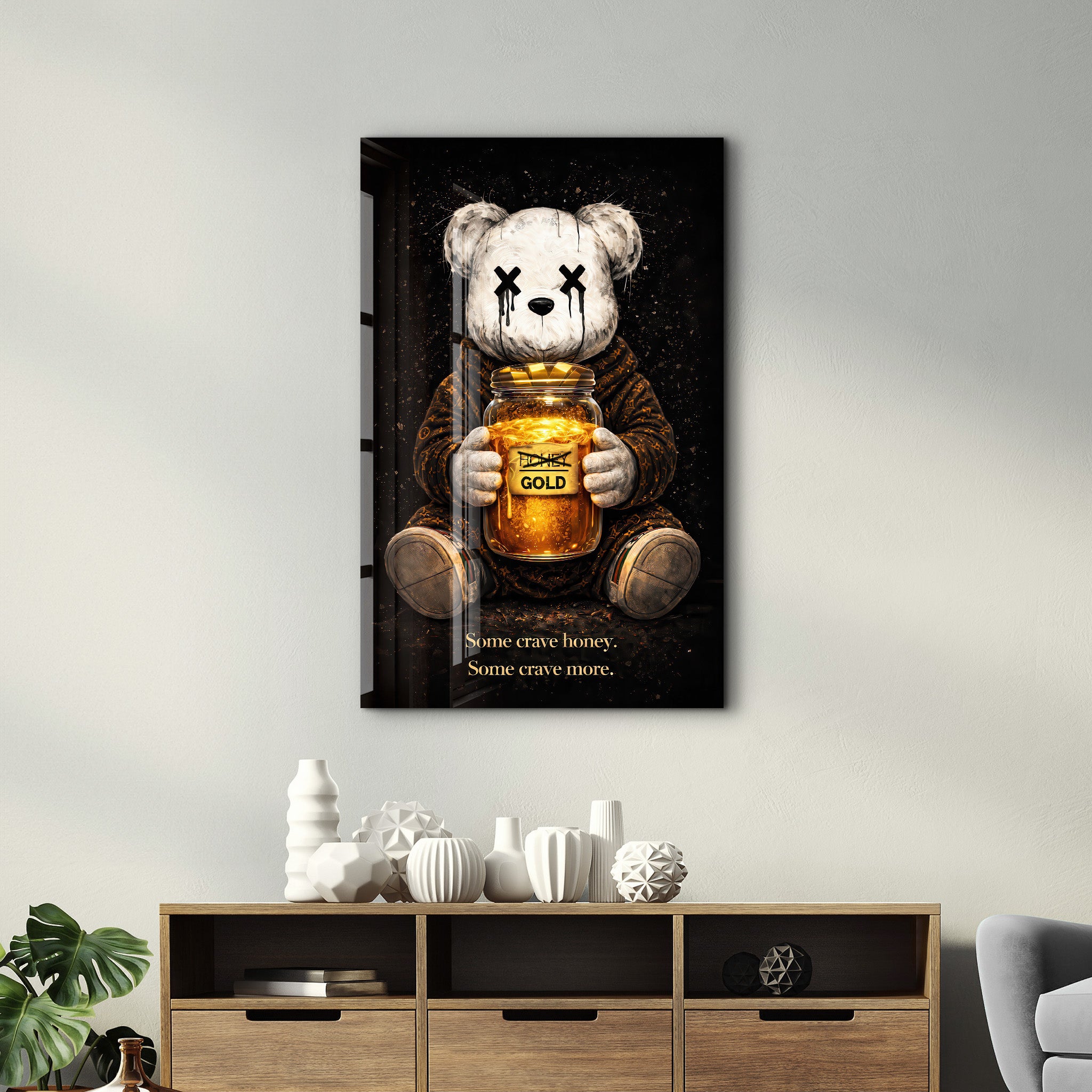 Glass wall art titled "Some Crave Honey, Some Crave More" by Artdesigna featuring a colorful abstract design on clear glass.
