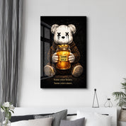 Glass wall art featuring a colorful design inspired by Some Crave Honey, Some Crave More x Sugar Teddy by Artdesigna, mounted on a wall.