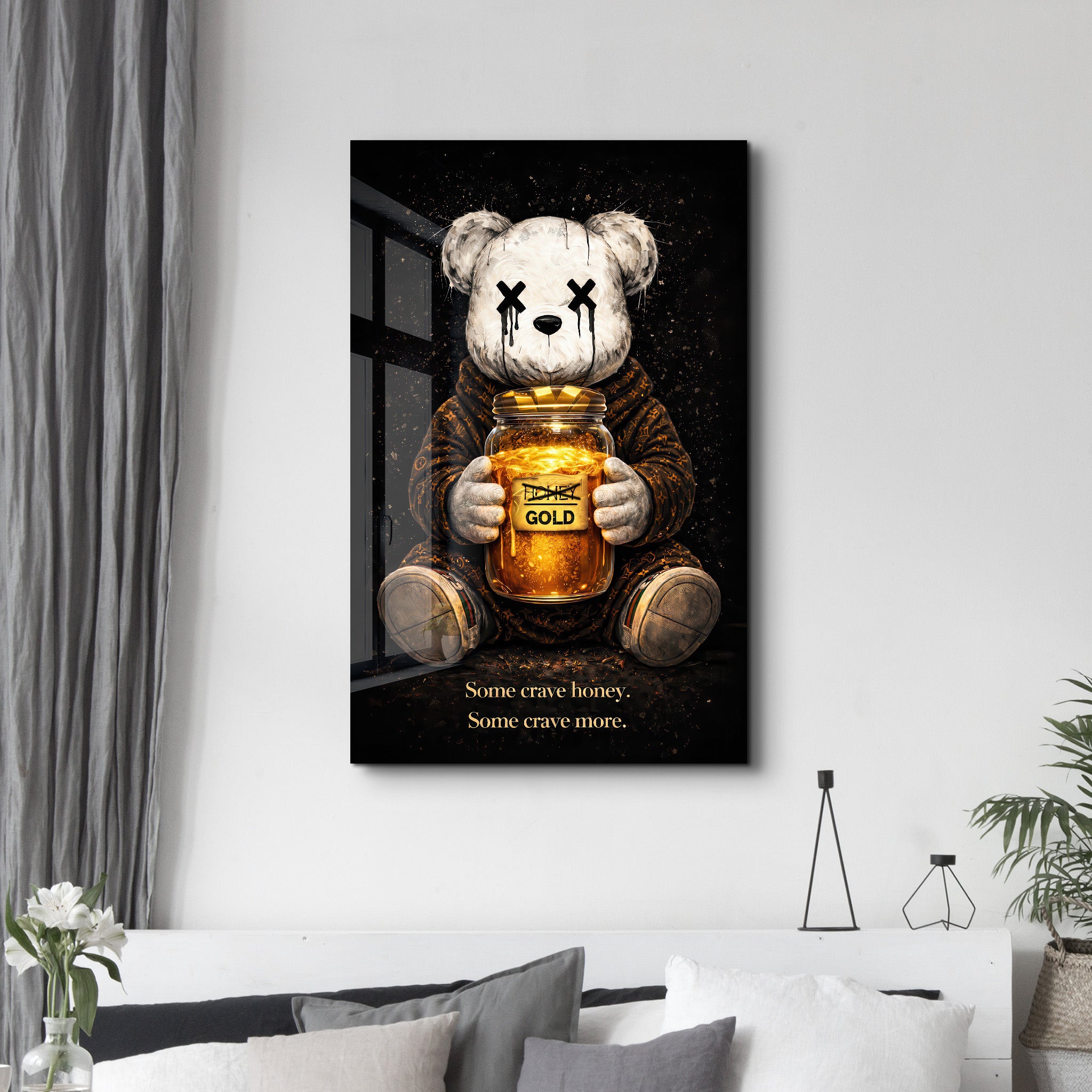 Glass wall art featuring a colorful design inspired by Some Crave Honey, Some Crave More x Sugar Teddy by Artdesigna, mounted on a wall.